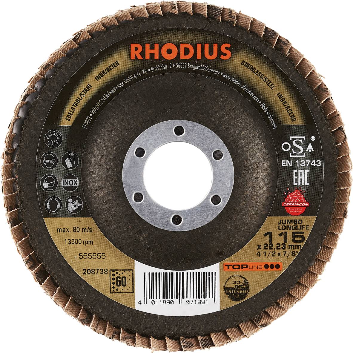 Rhodius 208738 JUMBO LONGLIFE EXTENDED Fächerschleifscheibe Edelstahl, Stahl 10St.