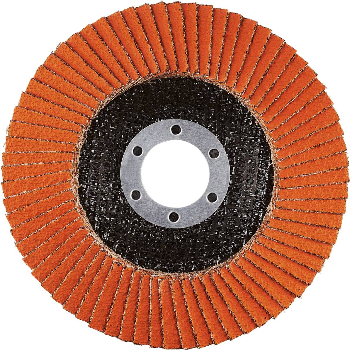 Eine runde Schleifscheibe mit roten Lamellen und schwarzem Zentrum, zentraler Befestigungsteil mit mehreren Löchern für Werkzeuganschluss.
