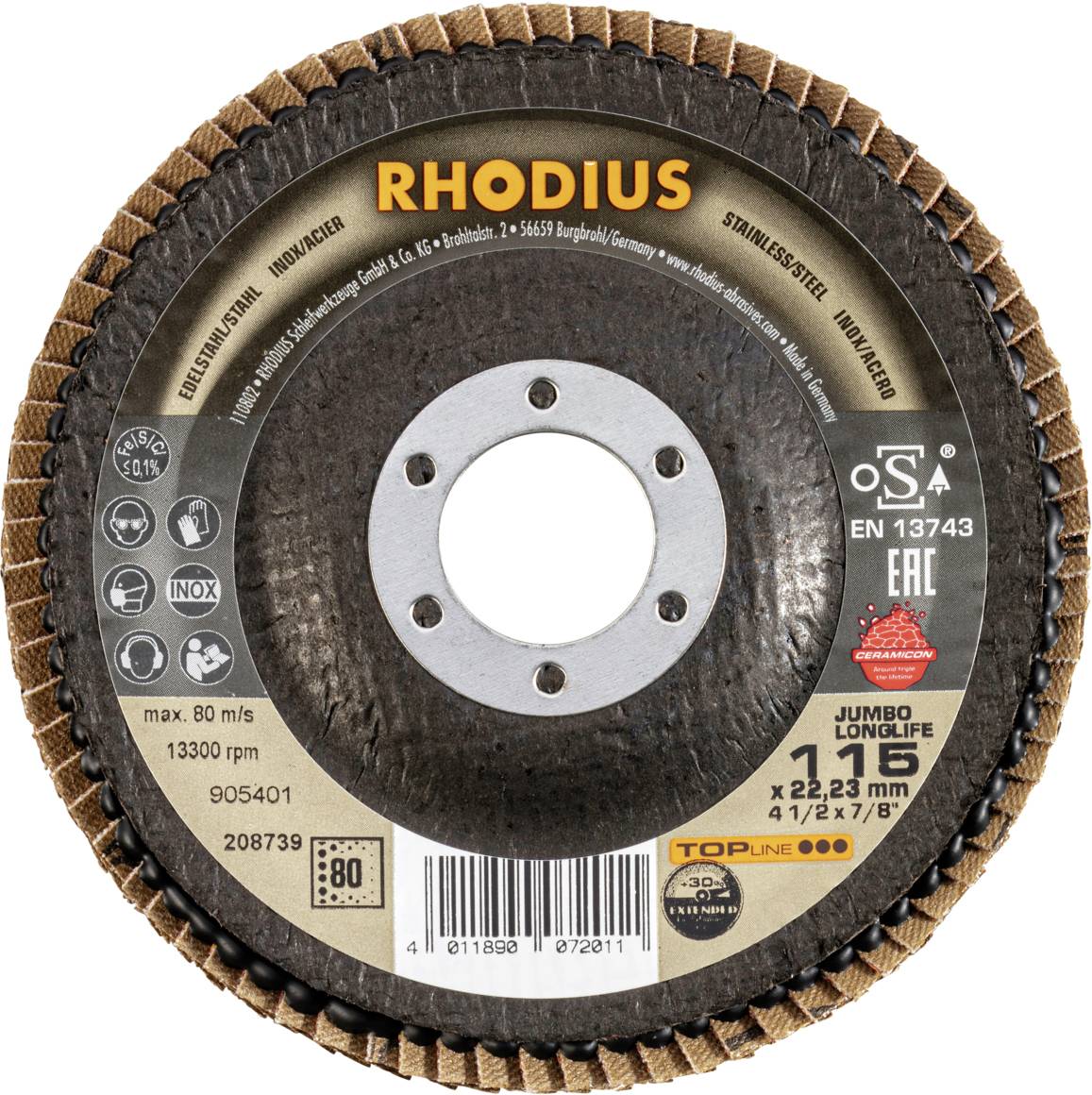 Rhodius 208739 JUMBO LONGLIFE EXTENDED Fächerschleifscheibe Edelstahl, Stahl 10St.