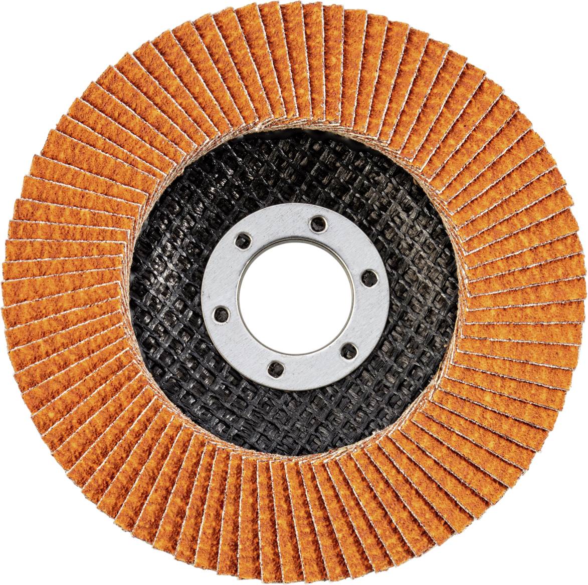 Flap-Disk mit orangefarbenen Lamellen aus Schleifpapier, kreisförmig angeordnet um ein zentrales Loch. Verwendet zum Schleifen.