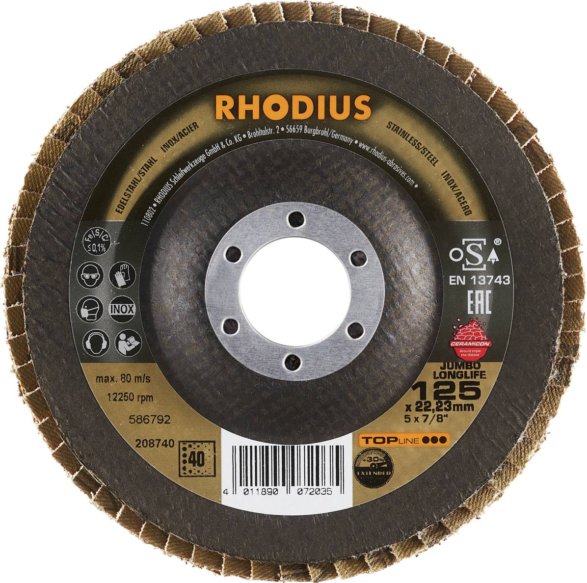 Rhodius 208740 JUMBO LONGLIFE EXTENDED Fächerschleifscheibe Edelstahl, Stahl 10St.