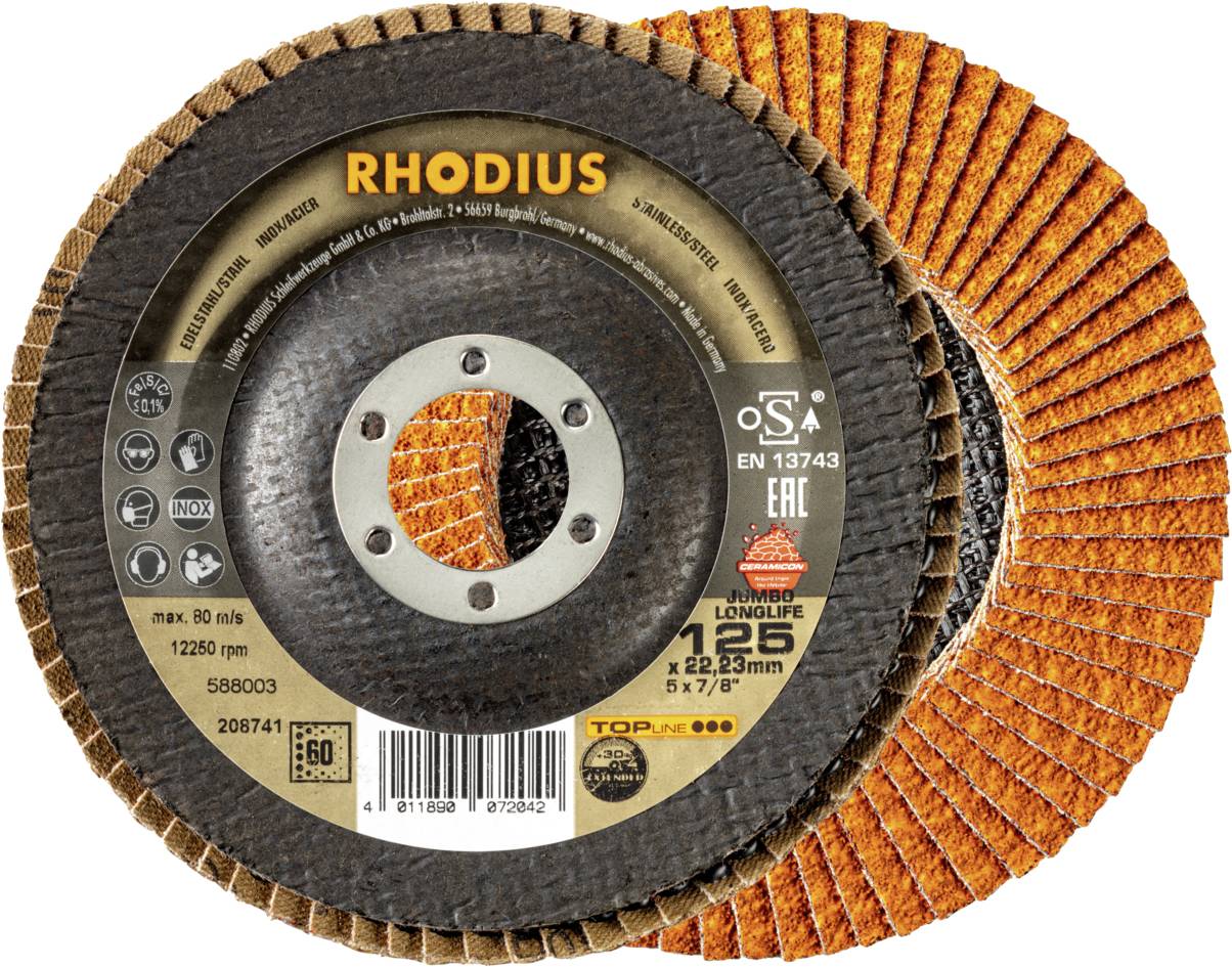 RHODIUS Fächerschleifscheibe, max. 12260 rpm, 125 x 22.23 mm, EN 13743, für Metallbearbeitung, grobe Körnung, langanhaltend.