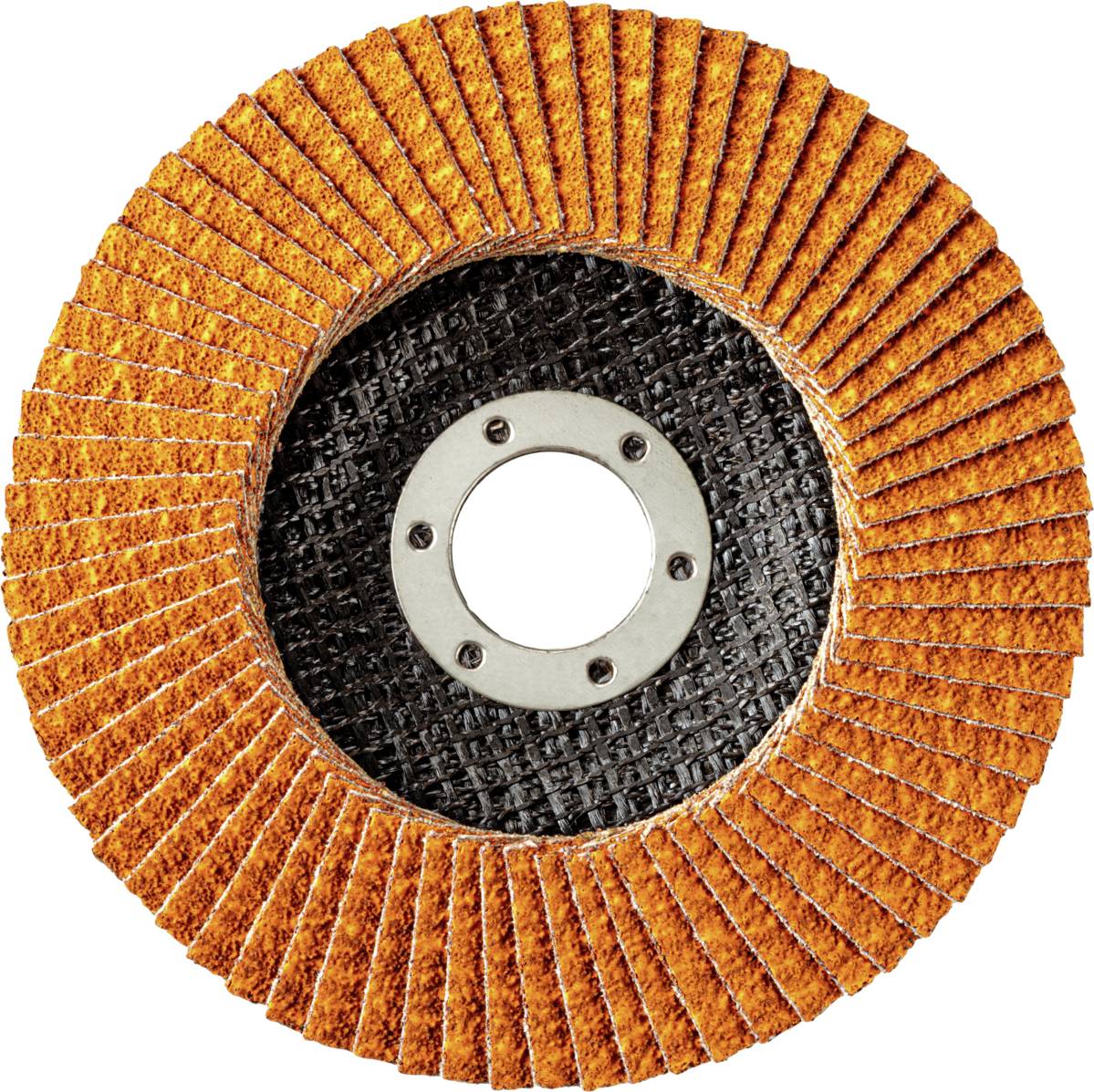 Runde Schleifscheibe mit orangefarbenen Lamellen und schwarzem Zentrum, verwendet zum Glätten von Oberflächen in Handwerk und Industrie.