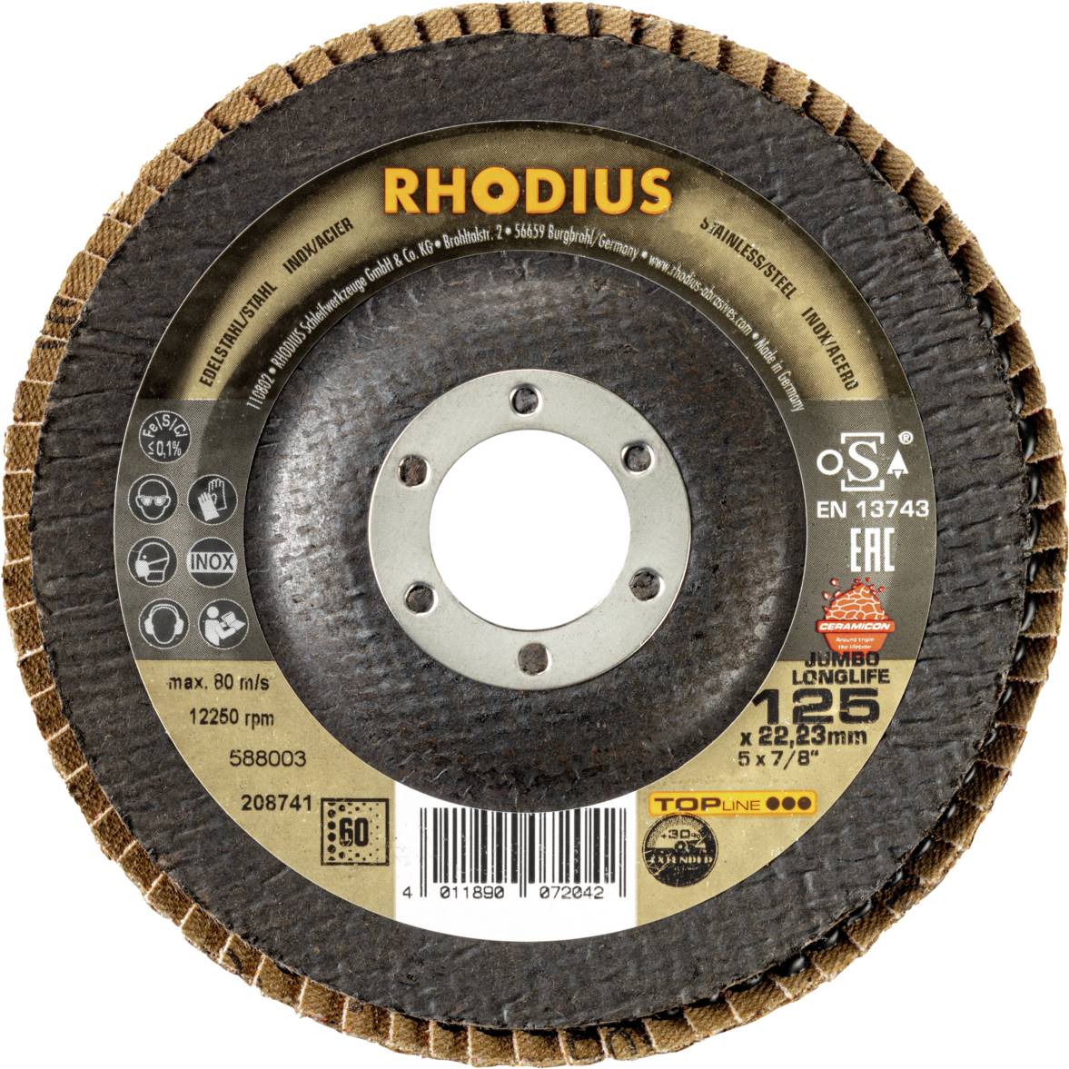 Rhodius 208741 JUMBO LONGLIFE EXTENDED Fächerschleifscheibe Edelstahl, Stahl 10St.