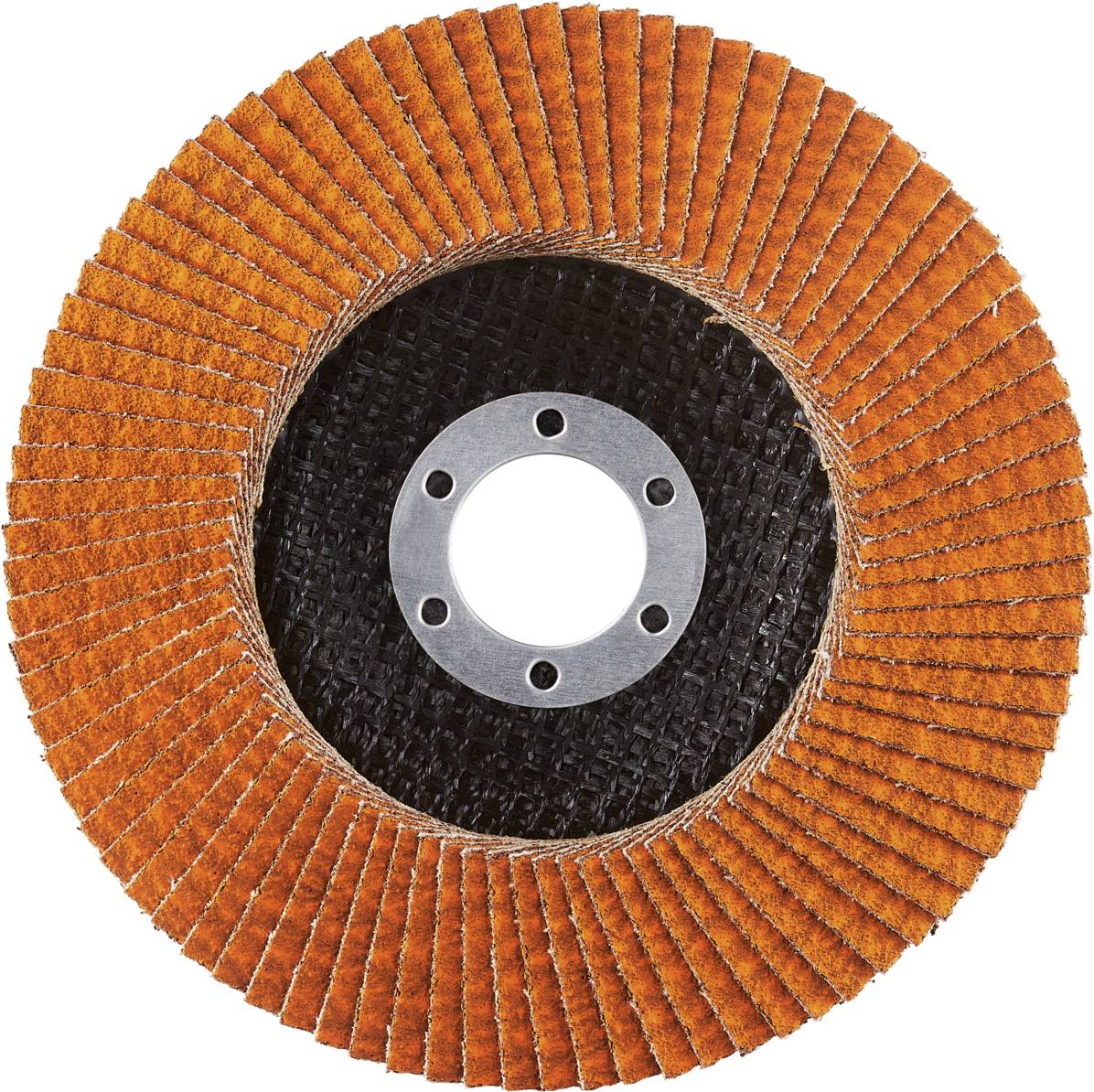 Ein runder Schleifteller mit orangefarbenen Lamellen um eine zentrale Metallöffnung.