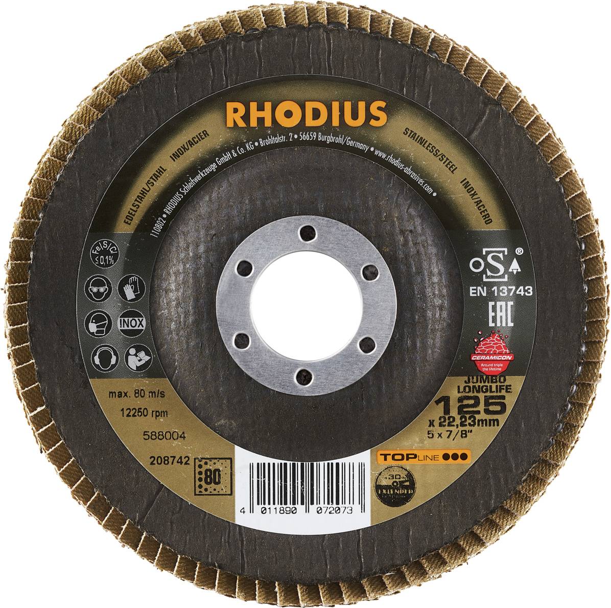 Rhodius 208742 JUMBO LONGLIFE EXTENDED Fächerschleifscheibe Edelstahl, Stahl 10St.