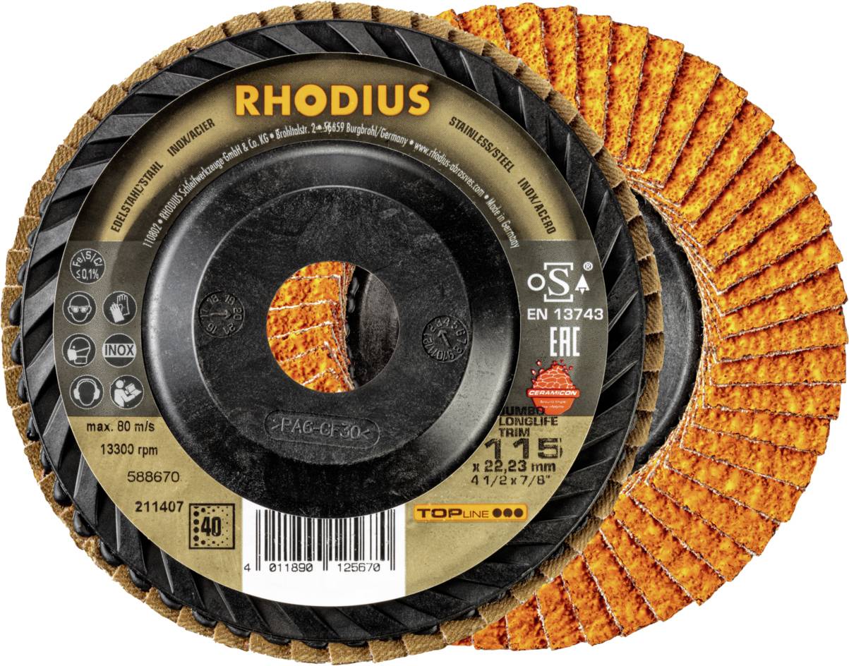Zwei Schleifscheiben mit orangefarbenen Lamellen, die für Metallbearbeitung geeignet sind. Aufdruck: Marke 'Rhodius', technische Details.