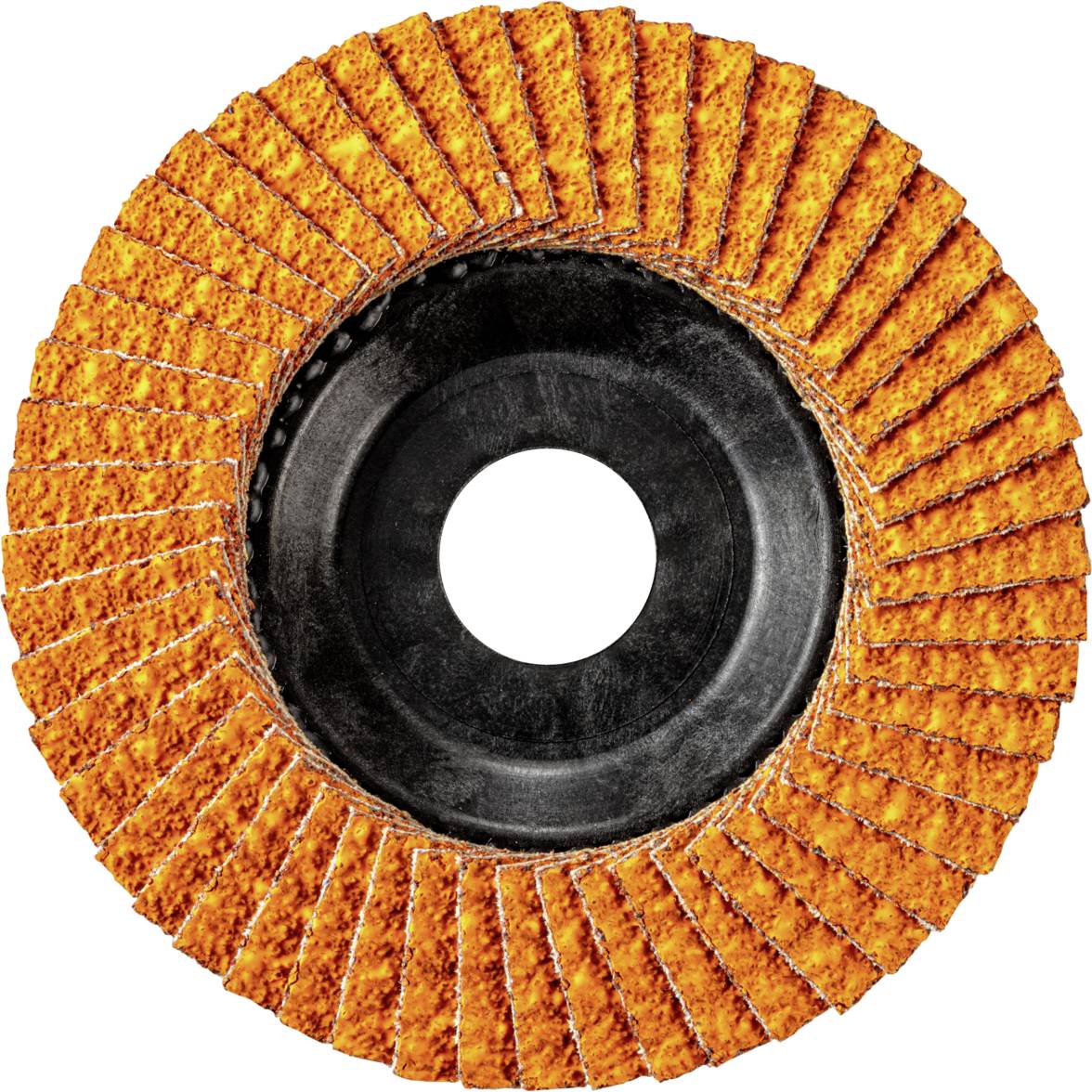 Ein Schleiflamellenteller mit orangefarbenen Lamellen zur Metallbearbeitung, kreisförmig um eine zentrale Scheibe angeordnet.