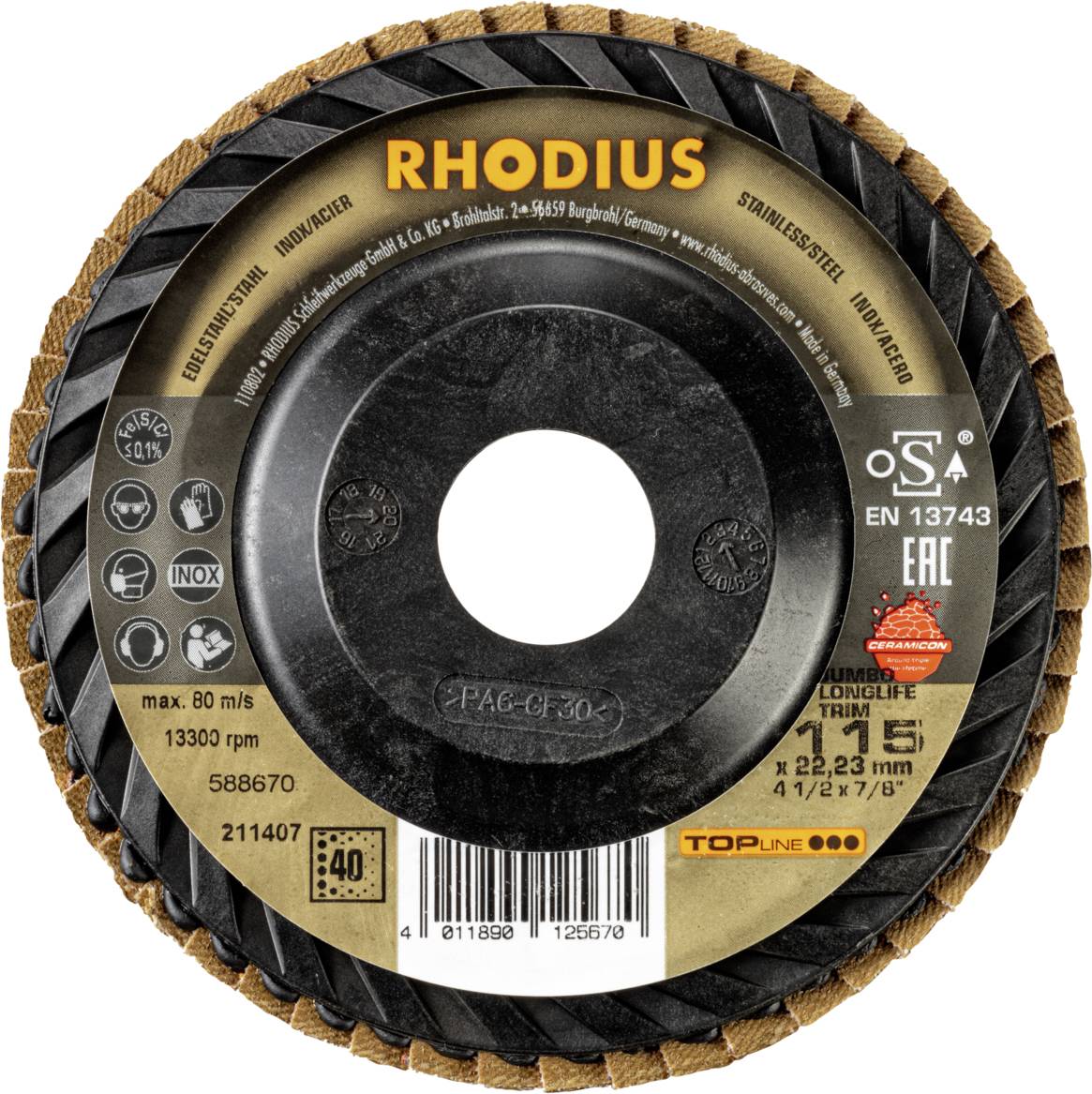 Rhodius 211407 JUMBO LONGLIFE TRIM Fächerschleifscheibe Edelstahl, Stahl 10St.