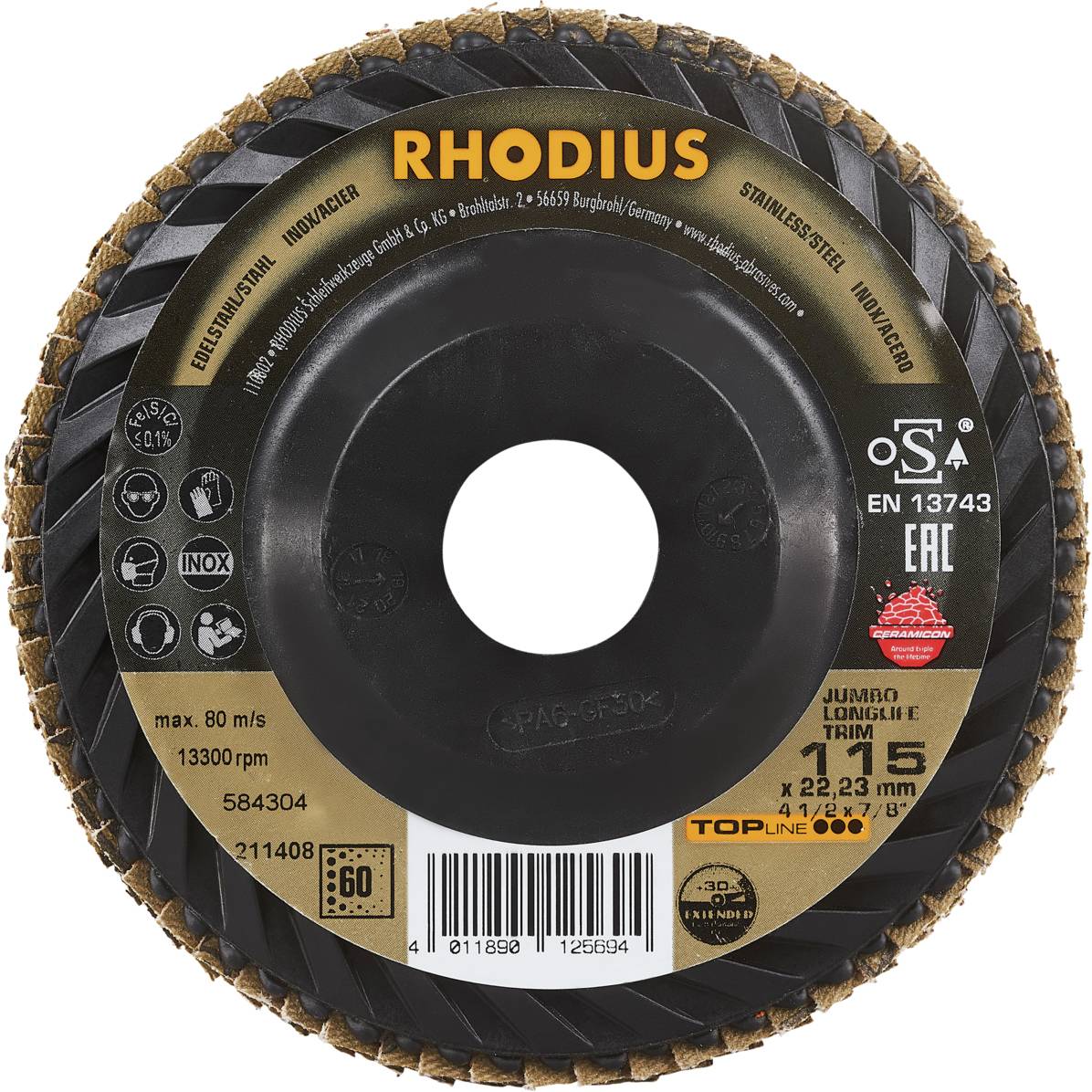 Rhodius 211408 JUMBO LONGLIFE TRIM Fächerschleifscheibe Edelstahl, Stahl 10St.