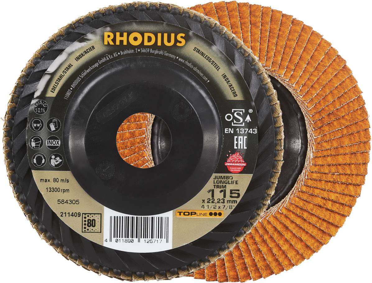 'RHODIUS' Schleifscheibe, 115mm Durchmesser, mit orangen Lamellen. Geeignet für Metallbearbeitung, max. 80 m/s, 13300 U/min.