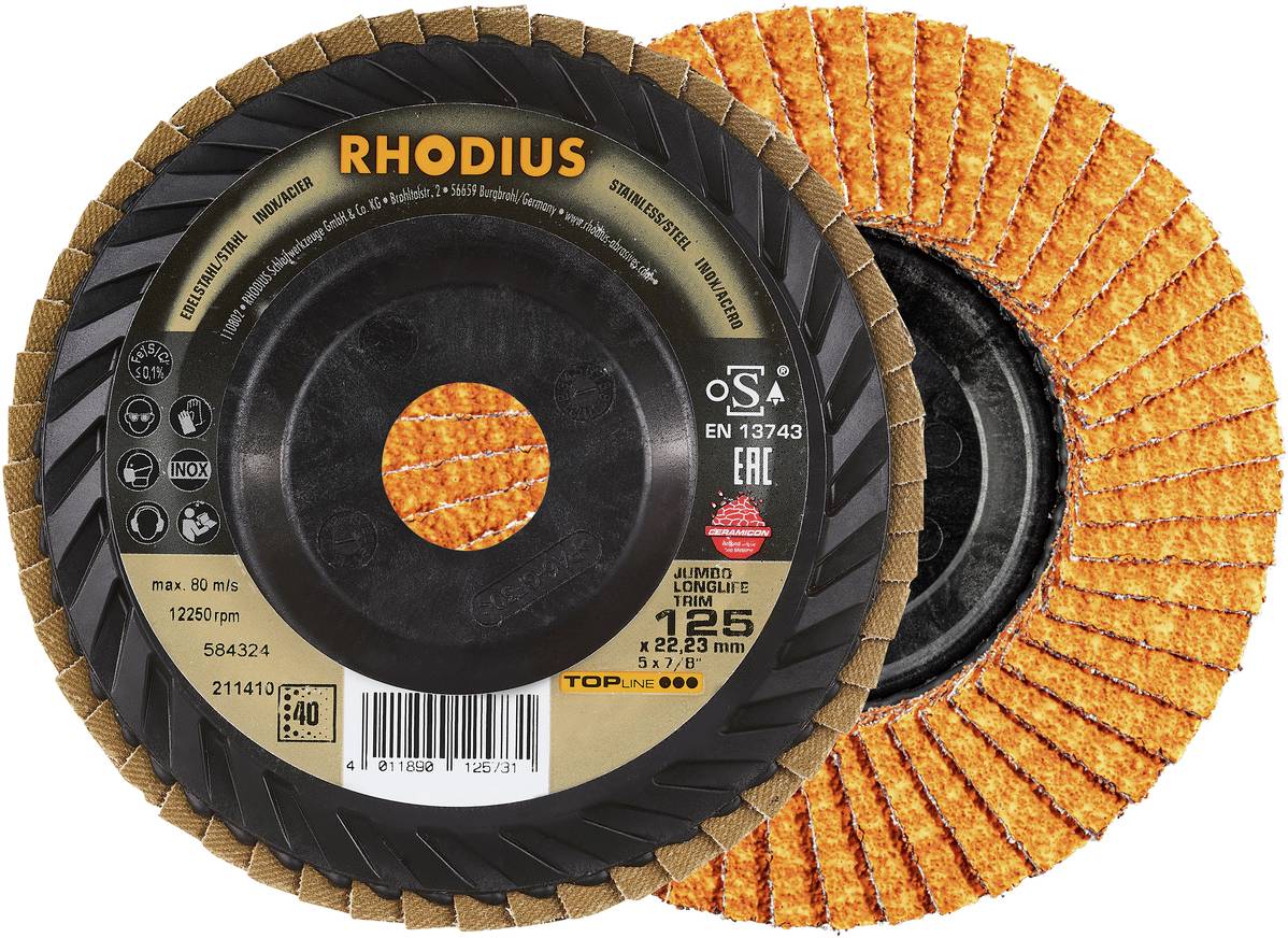 'RHODIUS' Schleifscheiben. Zwei übereinander gelegte Scheiben zeigen orange Schmirgeloberfläche und schwarze Mitte mit Aufschrift.