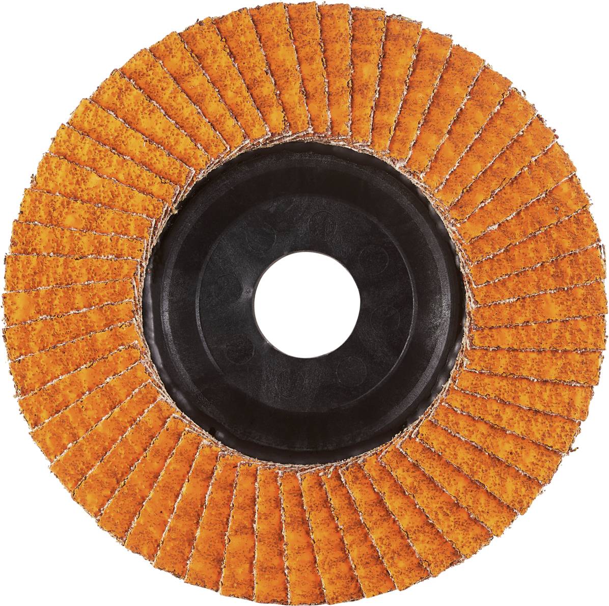 Eine runde Schleifscheibe mit orangefarbenem Schleifkorn und schwarzer Mitte. Verwendet für das Glätten und Schärfen von Oberflächen.