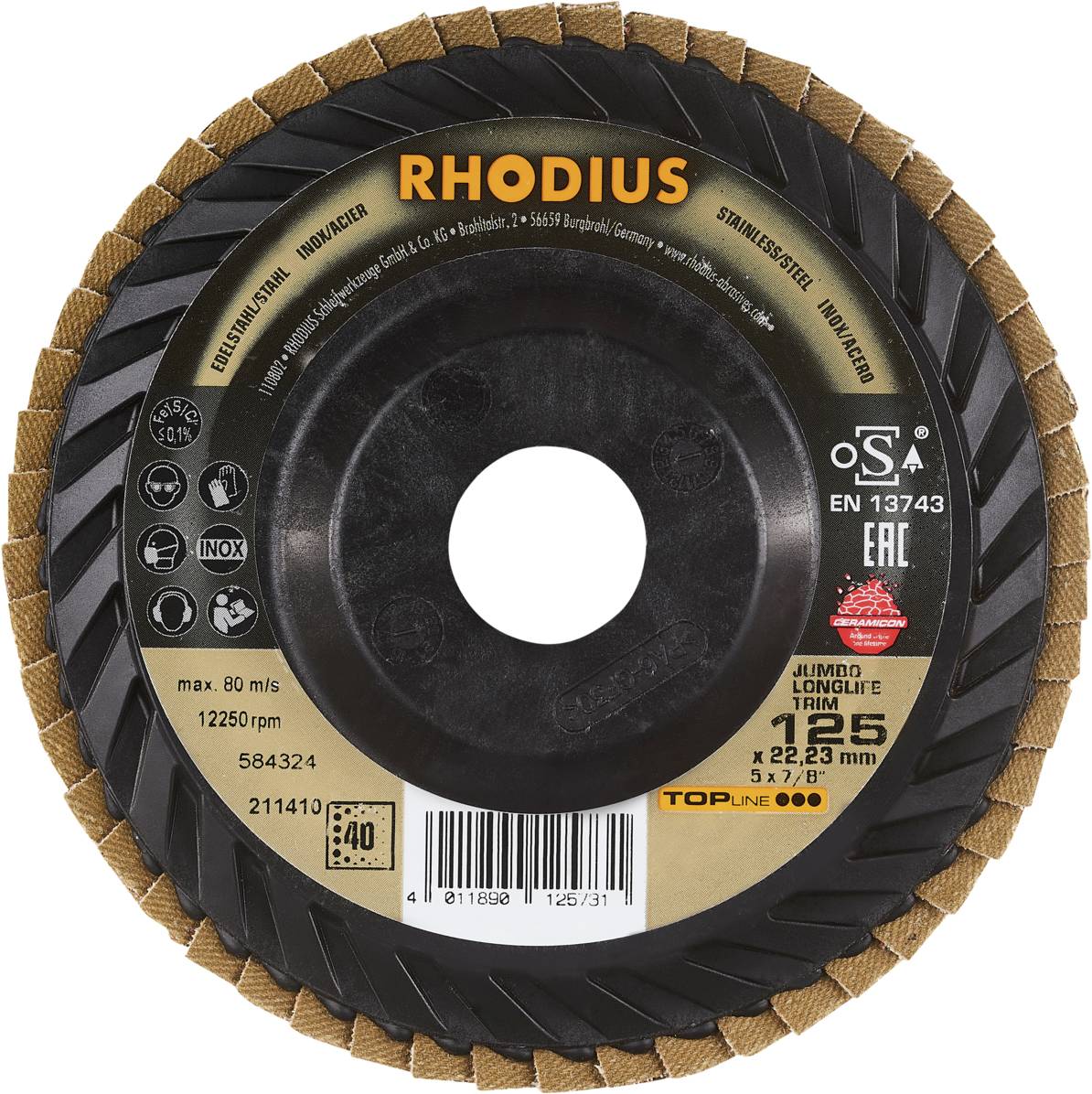 Rhodius 211410 JUMBO LONGLIFE TRIM Fächerschleifscheibe Edelstahl, Stahl 10St.