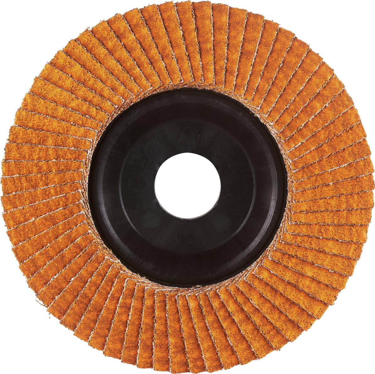 Schleifscheibe mit orangenen Lamellen und schwarzem Innenring, dient zum Glätten und Polieren von Oberflächen.