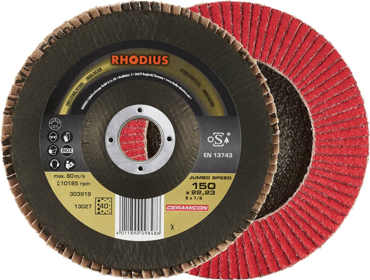 'RHODIUS' Schleifscheibe, maximal 80 m/s, 150 x 22,23 mm, 10185 U/min, Keramikkorn, EN 13743.