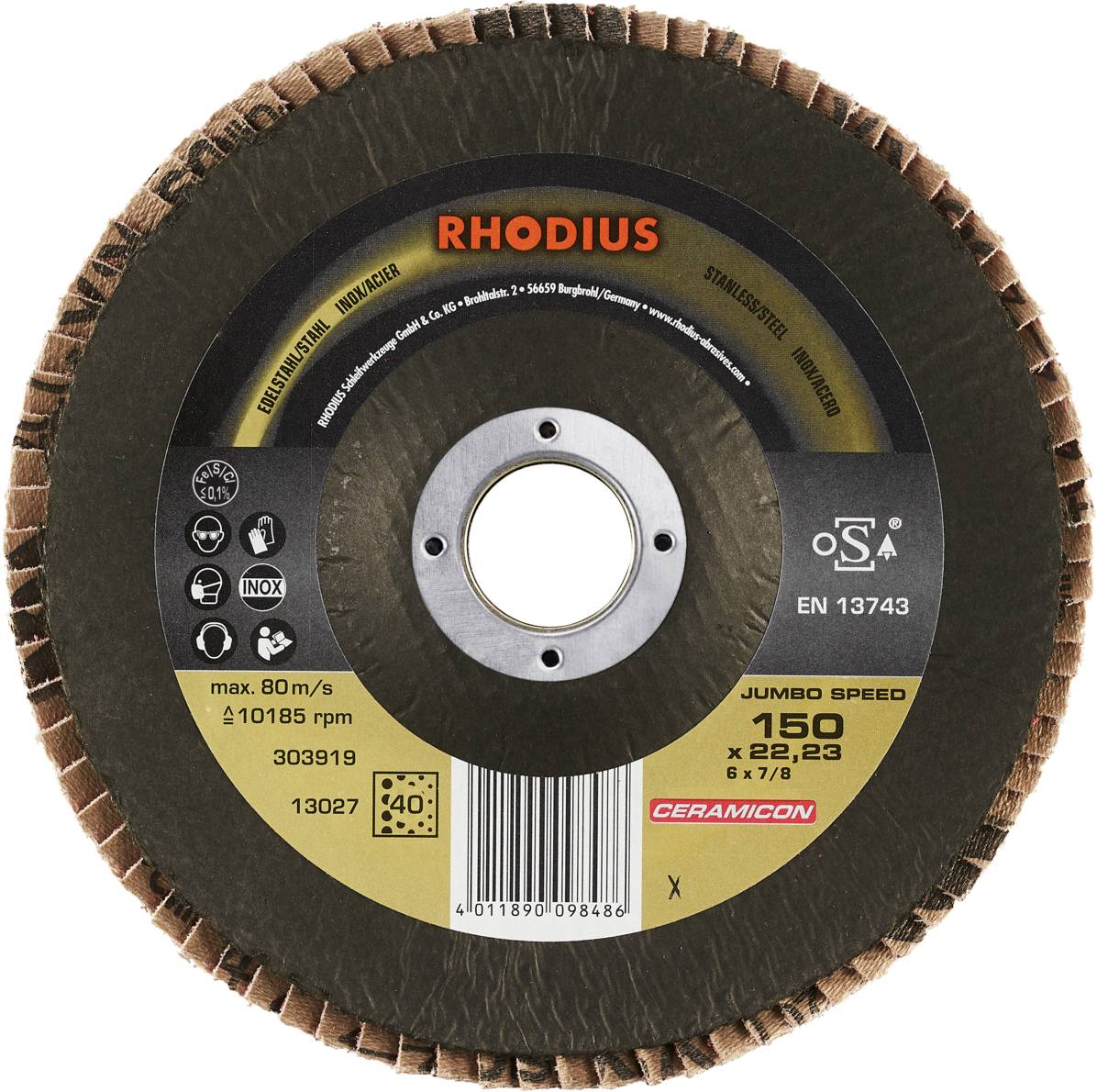 Schleifscheibe mit der Aufschrift RHODIUS, max. 80 m/s, 11085 U/min. Für Stahl, Inox geeignet. Durchmesser: 150 x 22,23 mm.