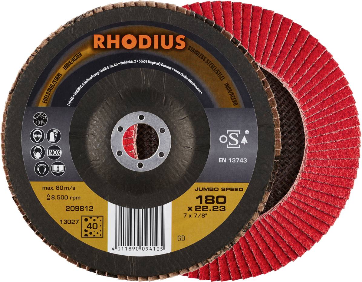 Schleifscheibe mit der Aufschrift 'RHODIUS', Modell 'Jumbo Speed', Durchmesser 180 mm. Rotbraune Oberfläche, Verpackungsaufdruck sichtbar.