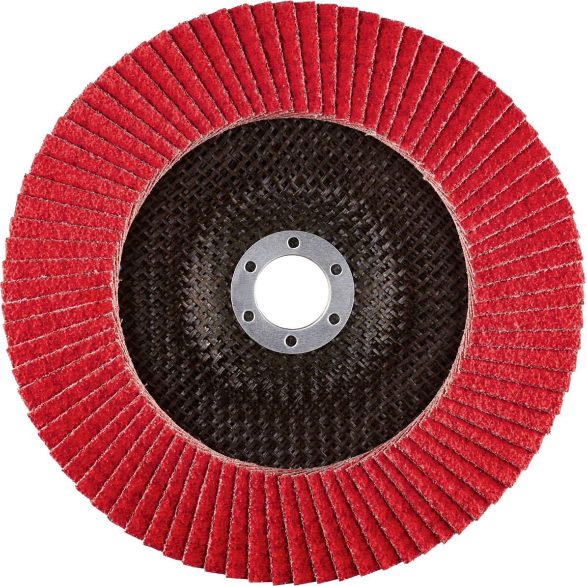 Eine rote Schleifscheibe mit kreisförmig angeordneten Lamellen und zentralem Befestigungsloch, geeignet für Schleifarbeiten auf Metall.