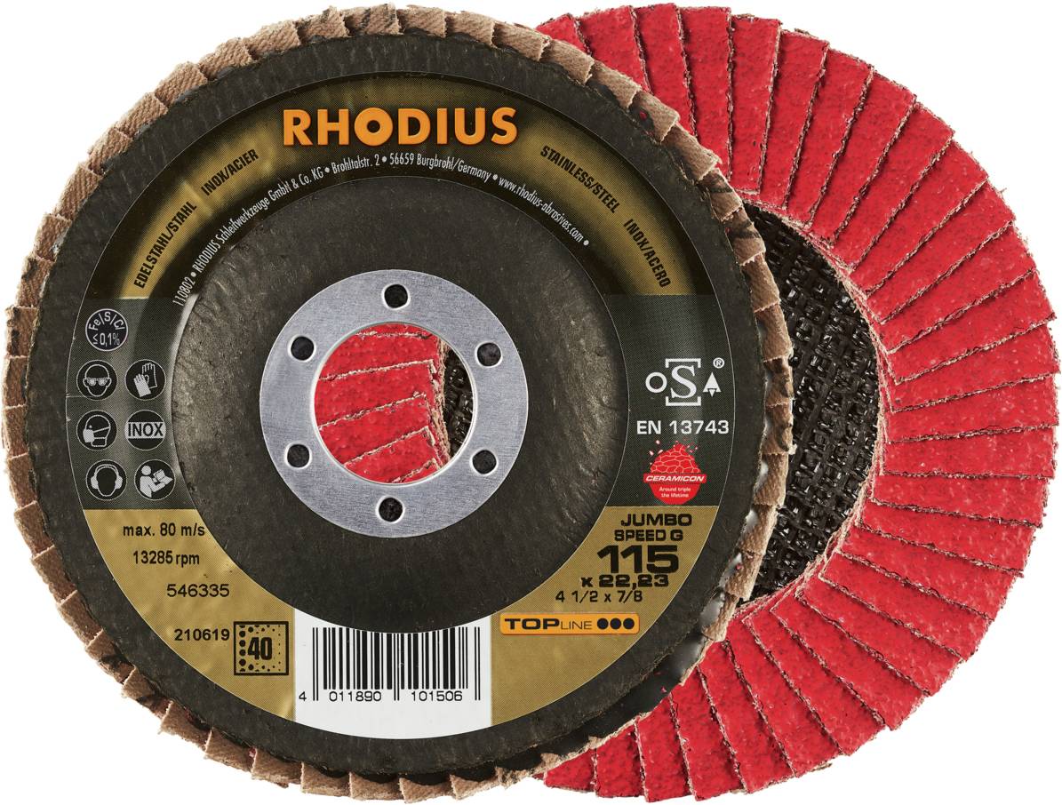 'RHODIUS Schleifscheibe', zeigt zwei Schleifscheiben mit rotem Schleifbelag. Text: max. 80 m/s, 13300 rpm, Ø 115 mm, für Metall.