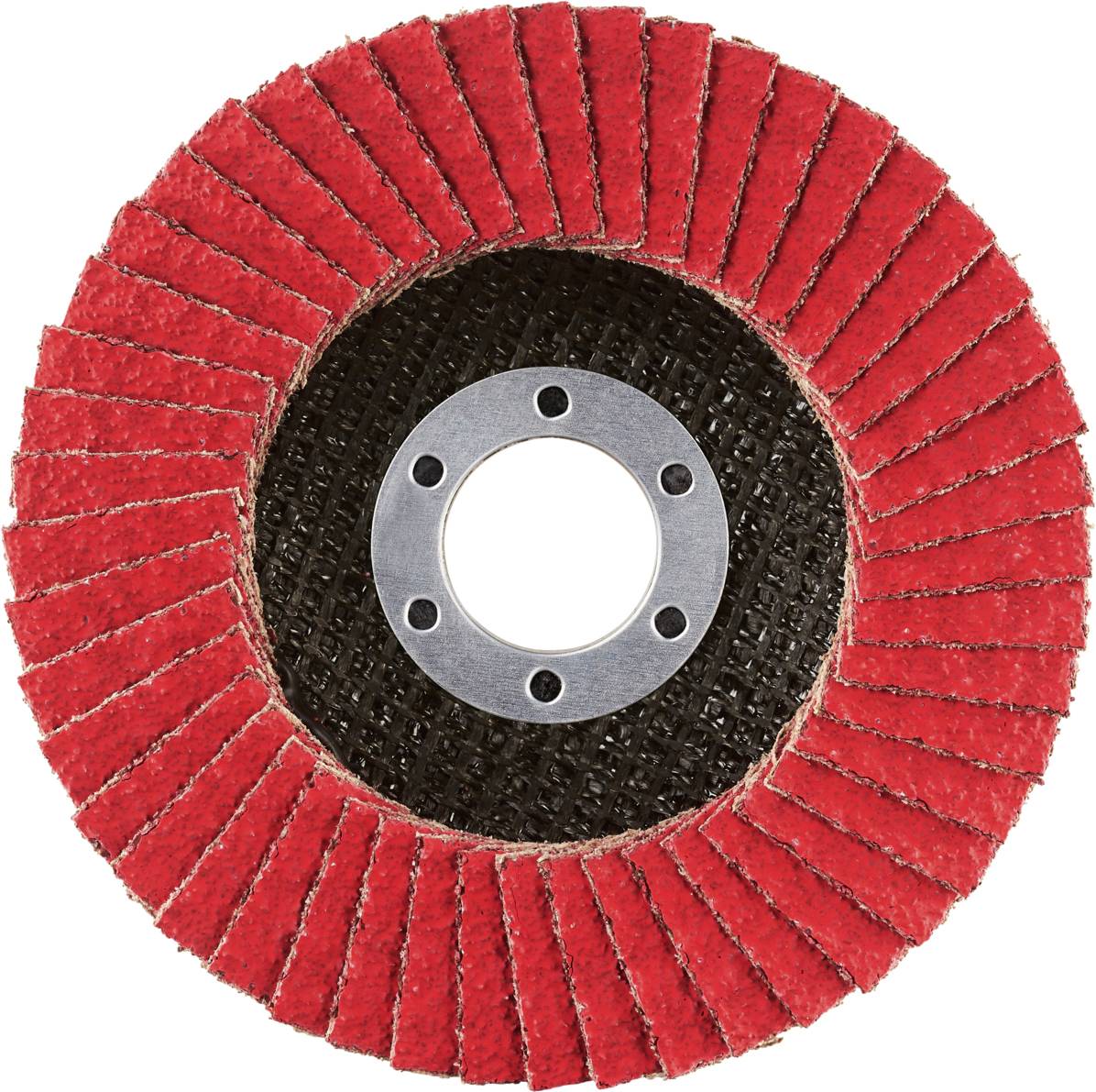 Ein roter Lamellen-Schleifteller mit runder Silhouette und konzentrischen Ringen für Metall- oder Holzarbeiten.