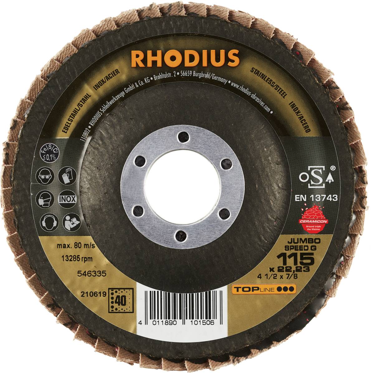 'Schleifscheibe Rhodius' mit Angaben: max. 80 m/s, 13285 rpm, 115 x 22,23 mm für Inox, Edelstahl, Stahlblech, Herstellung nach EN 13743.