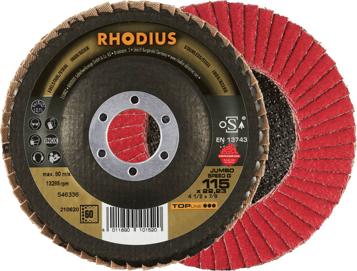 Zwei Rhodius-Schleifscheiben. Eine zeigt die Vorderseite mit Markenname, Spezifikationen und Sicherheitszeichen, die andere die rote Rückseite.