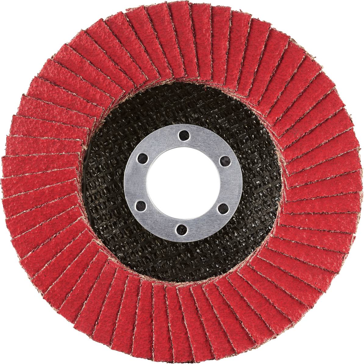 Ein roter Fächerschleifteller mit zentraler Scheibe und mehreren Schleifblättern, verwendet zum Schleifen und Glätten von Oberflächen.