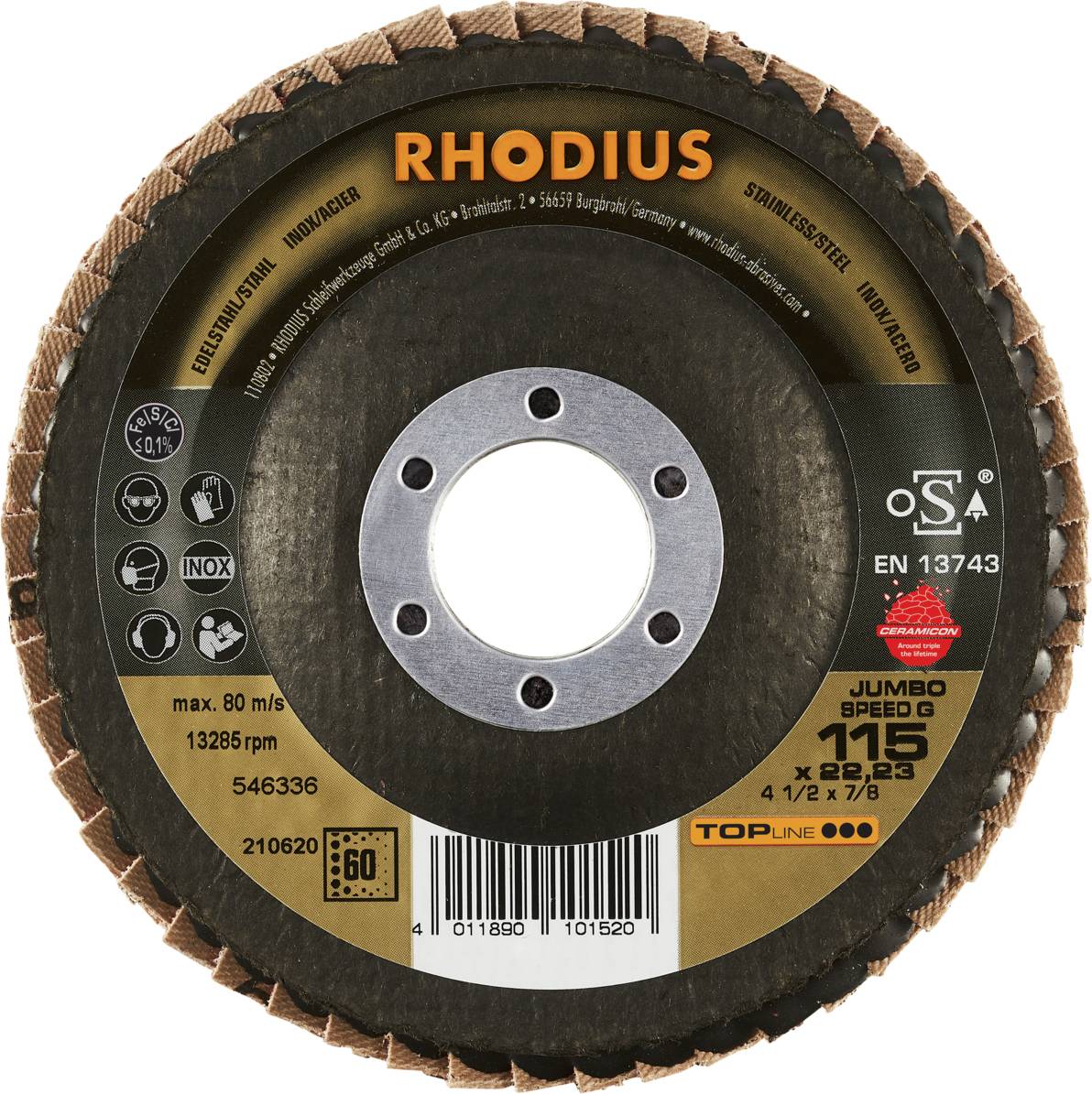 Schleifscheibe mit Aufschrift 'RHODIUS', Maße 115 x 22,23 mm, Geschwindigkeit 80 m/s, max. 13.285 U/min, EN 13743 konform.