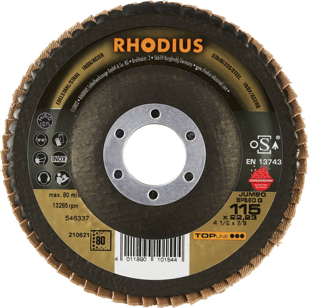 Eine Fächerscheibe von Rhodius, geeignet für Edelstahl und andere Metalle. Maximale Drehzahl: 13.285 U/min, Größe: 115 x 22,23 mm.