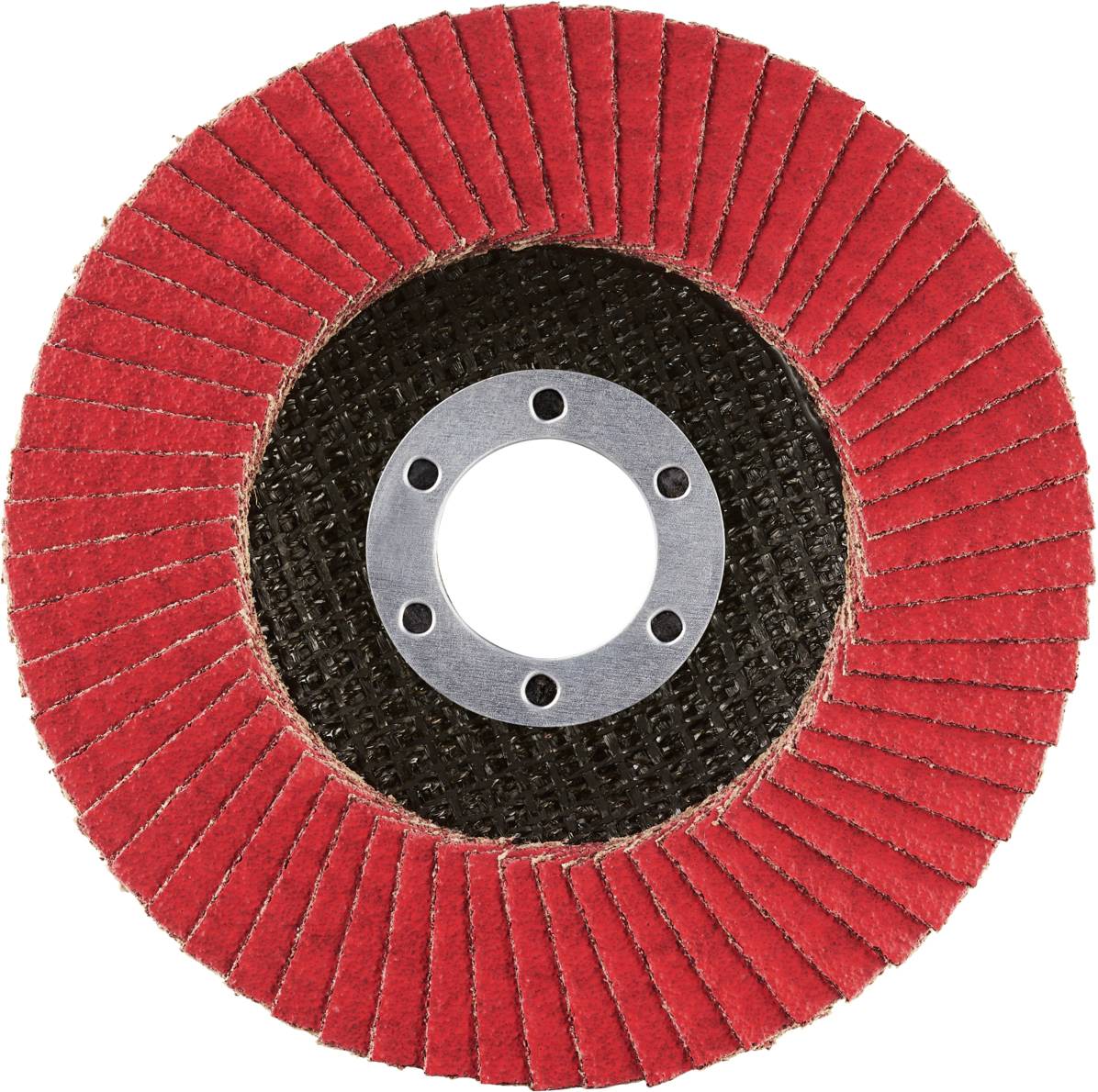 Eine rote Lamellenscheibe mit schwarzem Innenkreis und Metallbohrung, verwendet zum Schleifen von Materialien.