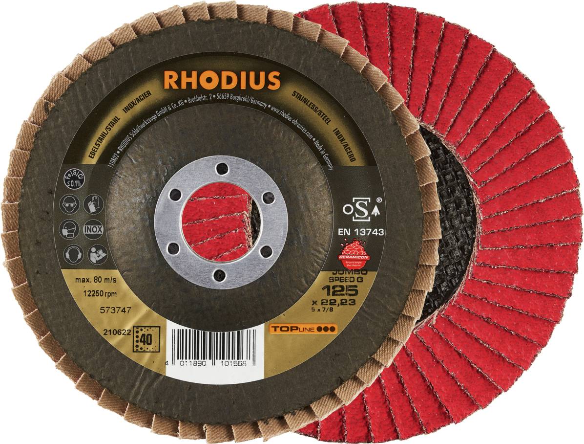 Eine schwarze und rote Schleifscheibe von RHODIUS. Sie hat eine Körnung von 40 und ist geeignet für Metallbearbeitung.