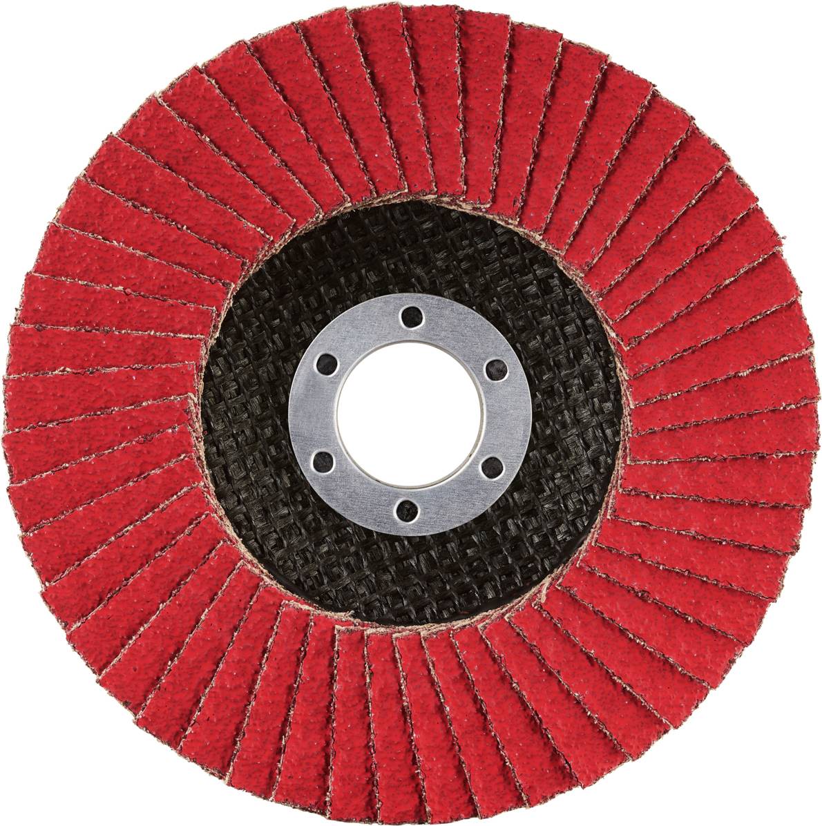 Ein roter Schleifscheibenteller mit radial angeordneten Lamellen um einen zentralen Metallring. Geeignet für Schleifarbeiten.
