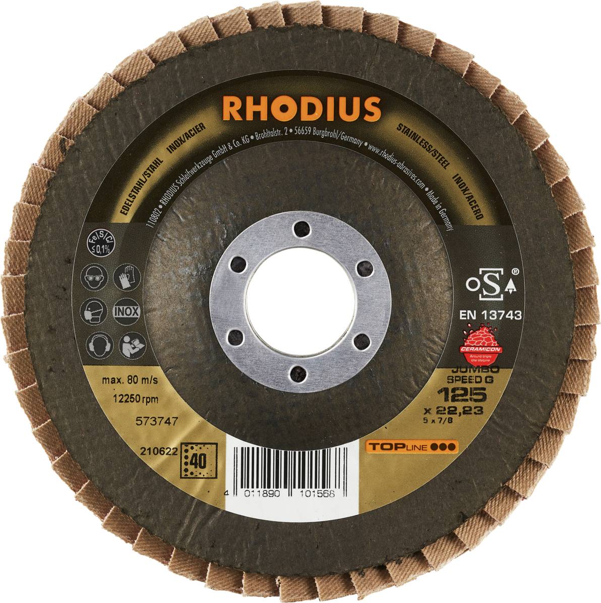 Rhodius 210622 JUMBO SPEED G Fächerschleifscheibe Edelstahl, Stahl 10St.