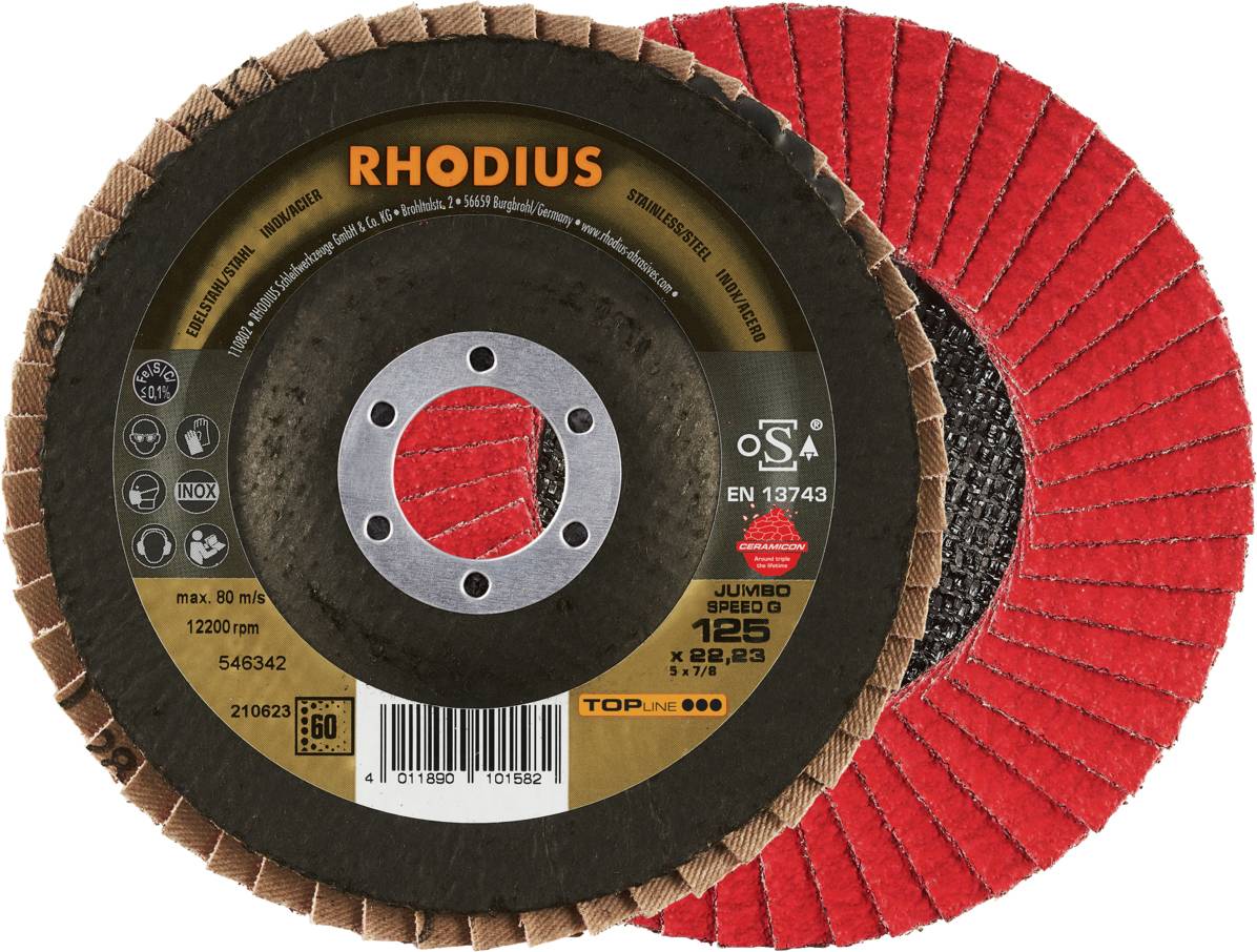 Zwei sich überlappende Schleifscheiben, eine mit brauner und eine mit roter Oberfläche. Die Marke 'RHODIUS' ist sichtbar.