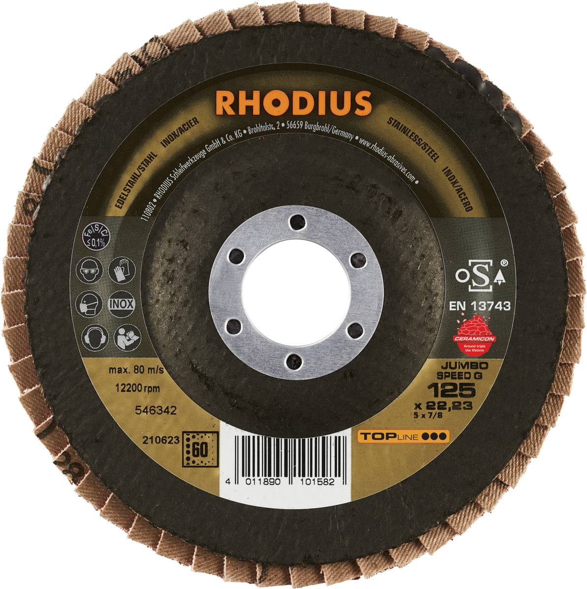 Rundschleifscheibe für Metallbearbeitung. Markenname 'Rhodius', maximale Drehzahl 12.200 U/min, spezifiziert für Edelstahl.