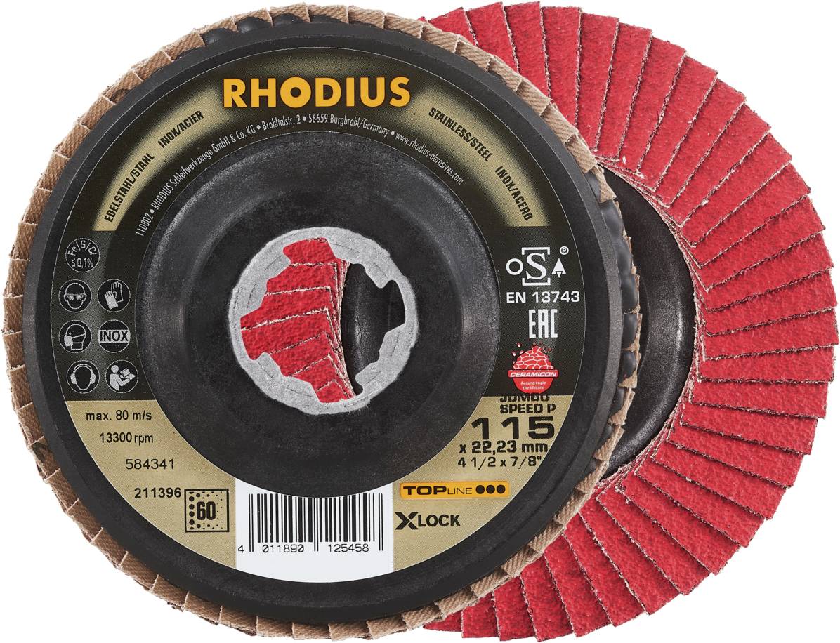 'RHODIUS' Lamellenschleifscheibe, Körnung 40, geeignet für Metallschleifen. Innovatives X-LOCK System für schnellen Werkzeugwechsel.