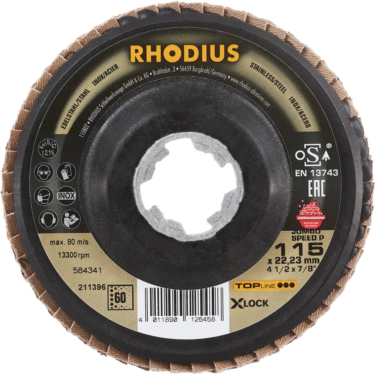 'RHODIUS Schleifscheibe', 115 mm Durchmesser, 60 Körnung, 80 m/s max Geschwindigkeit, geeignet für Edelstahl, mit X-LOCK System.