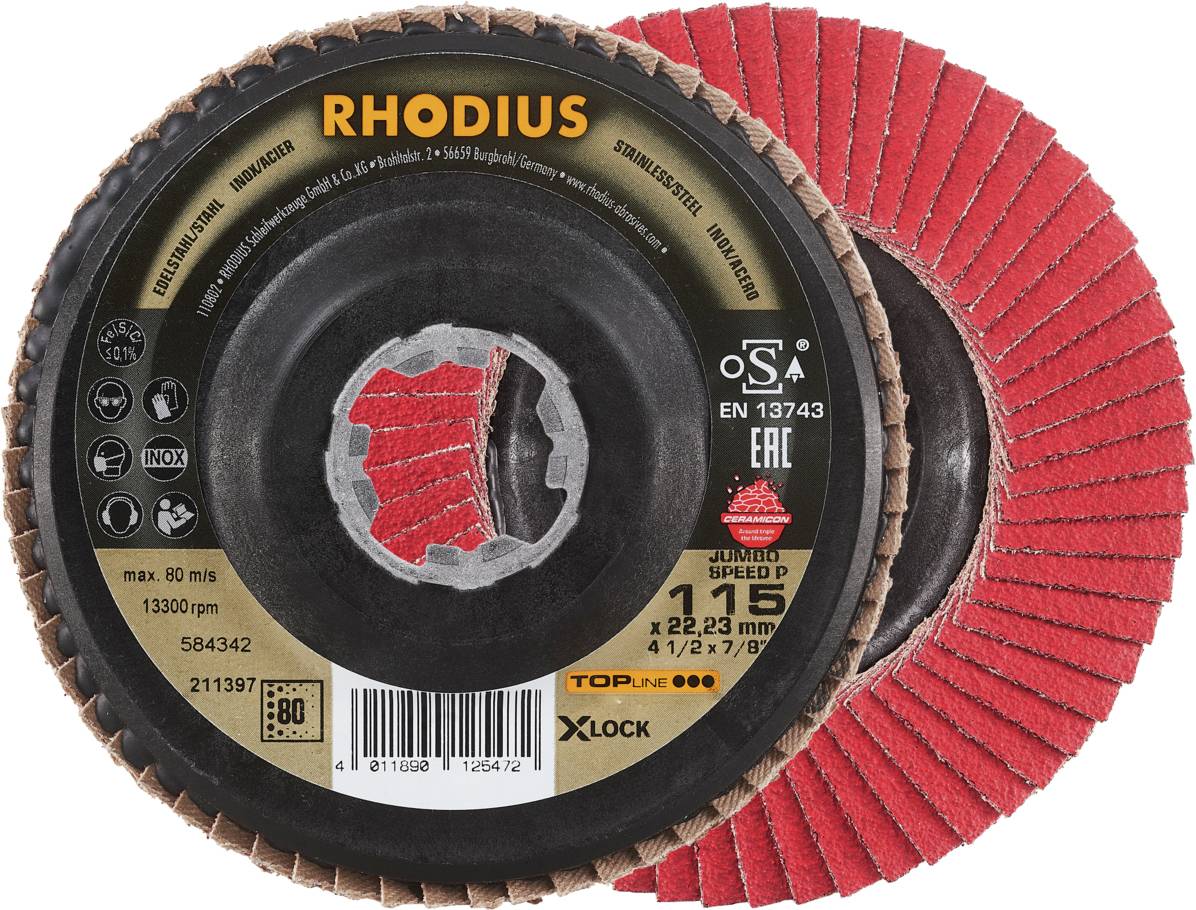 Zwei rote Schleifblätter der Marke Rhodius X-LOCK, Modell JUMBO SPEED, max. Drehzahl 13.300 U/min. Ein Blatt von vorne, eines von der Seite.