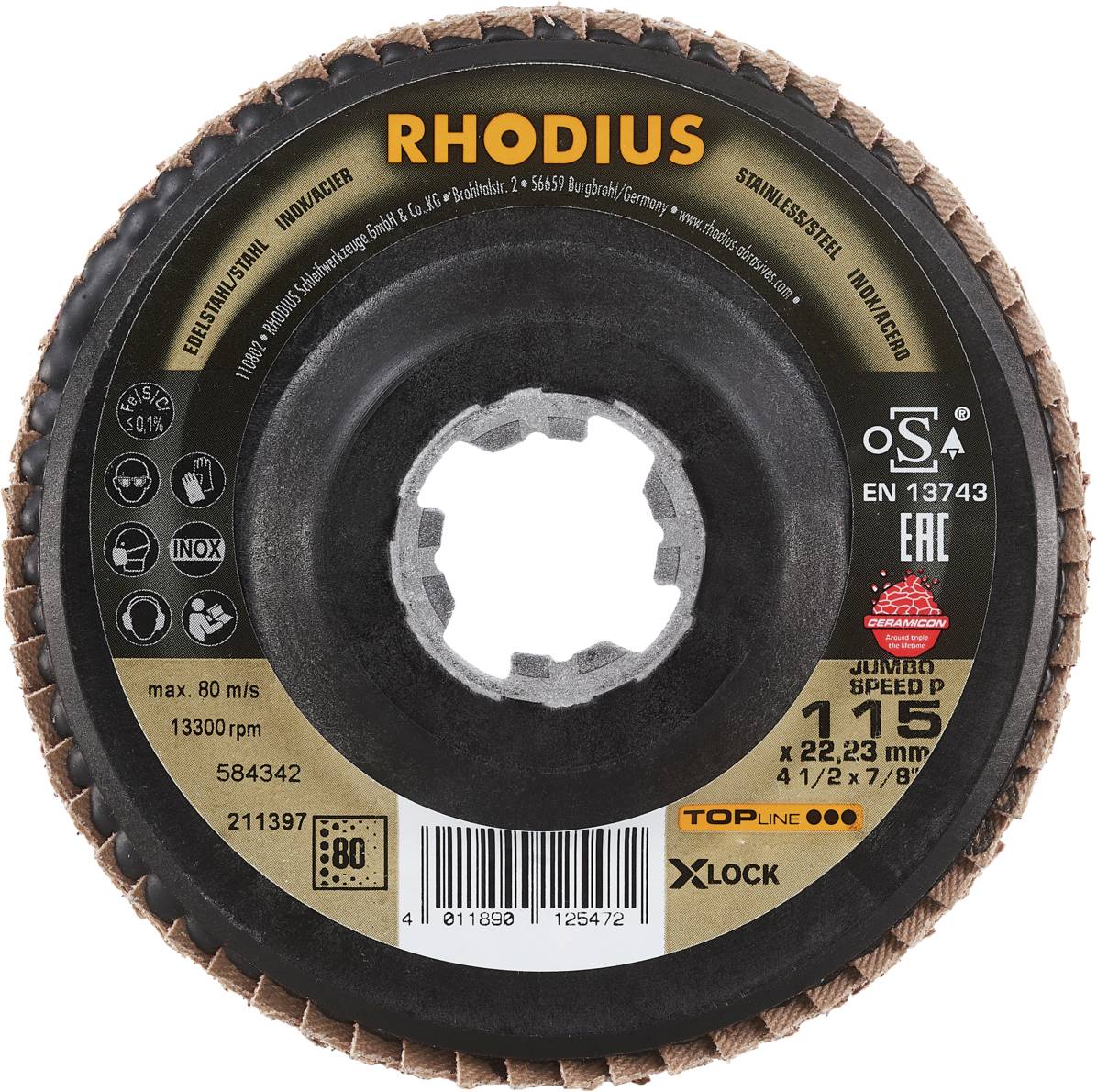 Schleifscheibe der Marke Rhodius, für Metallschleifen, mit X-Lock-Befestigung. Maße: 125 x 22,23 mm, max. 80 m/s, 13300 U/min.