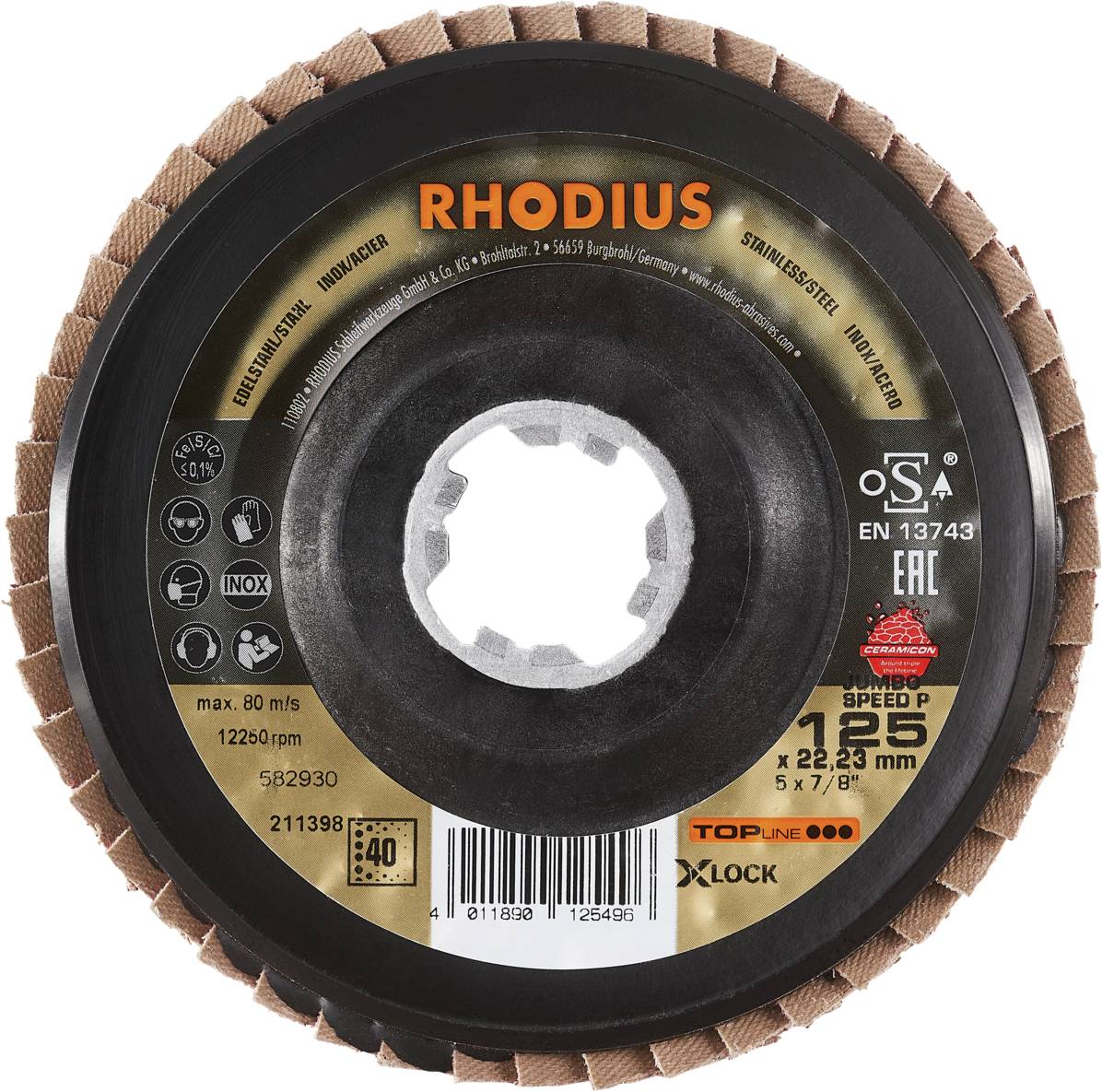 Schleifscheibe mit Aufschrift 'Rhodius', geeignet für Metallbearbeitung, Außendurchmesser 125 mm, für X-lock System, Geschwindigkeitsangabe 80 m/s.