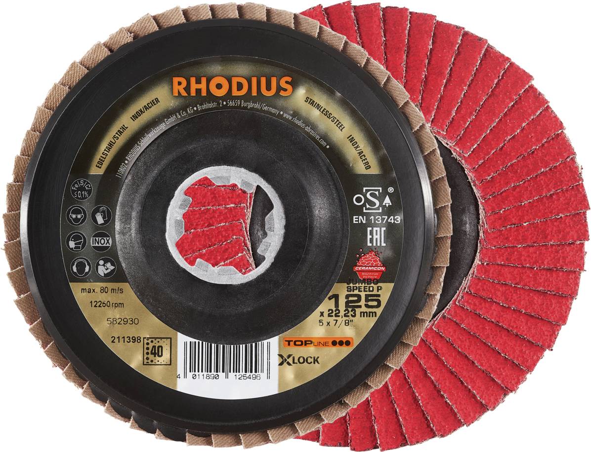 Schleifscheiben von Rhodius mit roter Schleifoberfläche und schwarzem Zentrum. Beschriftungen zeigen technische Spezifikationen.