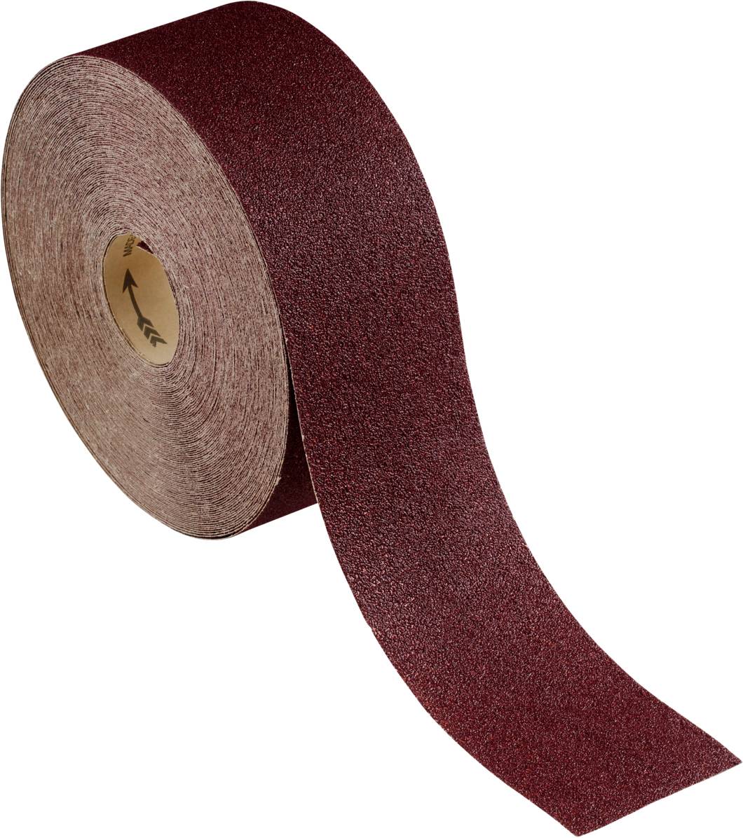 Ein Band aus Schleifpapier in Braun, das zu einer Rolle aufgewickelt ist. Das grobe Korn ist für Schleifarbeiten geeignet.