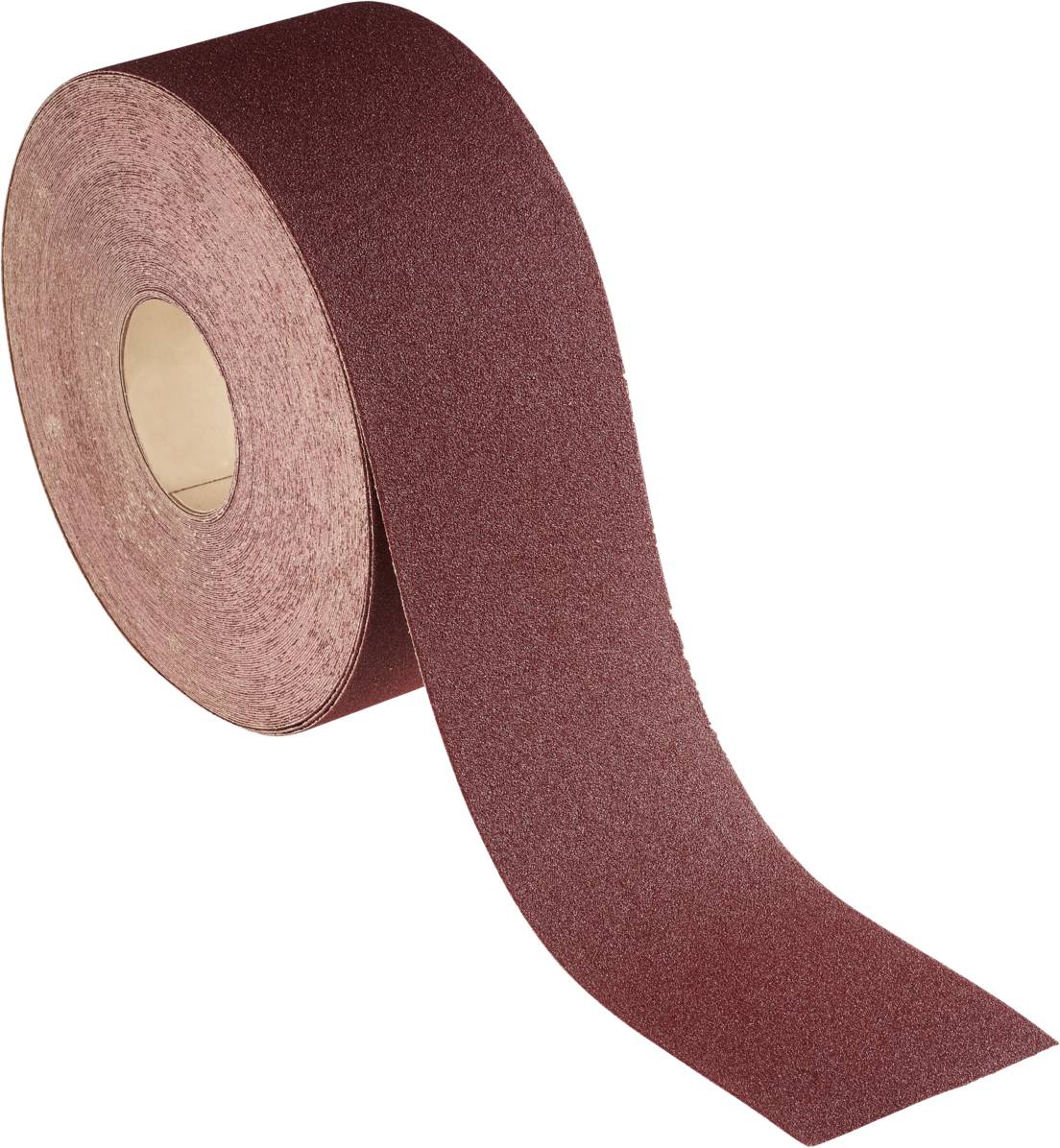 Eine rote Rolle Schleifpapier, teilweise abgerollt, auf einer weißen Oberfläche. Sie zeigt die körnige Textur des Papiers.