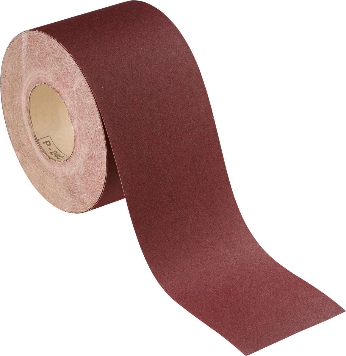Eine Rolle roten Schleifpapiers mit grober Körnung rollt sich teilweise ab. Ideal zum Glätten von Oberflächen bei Holz- und Metallarbeiten.