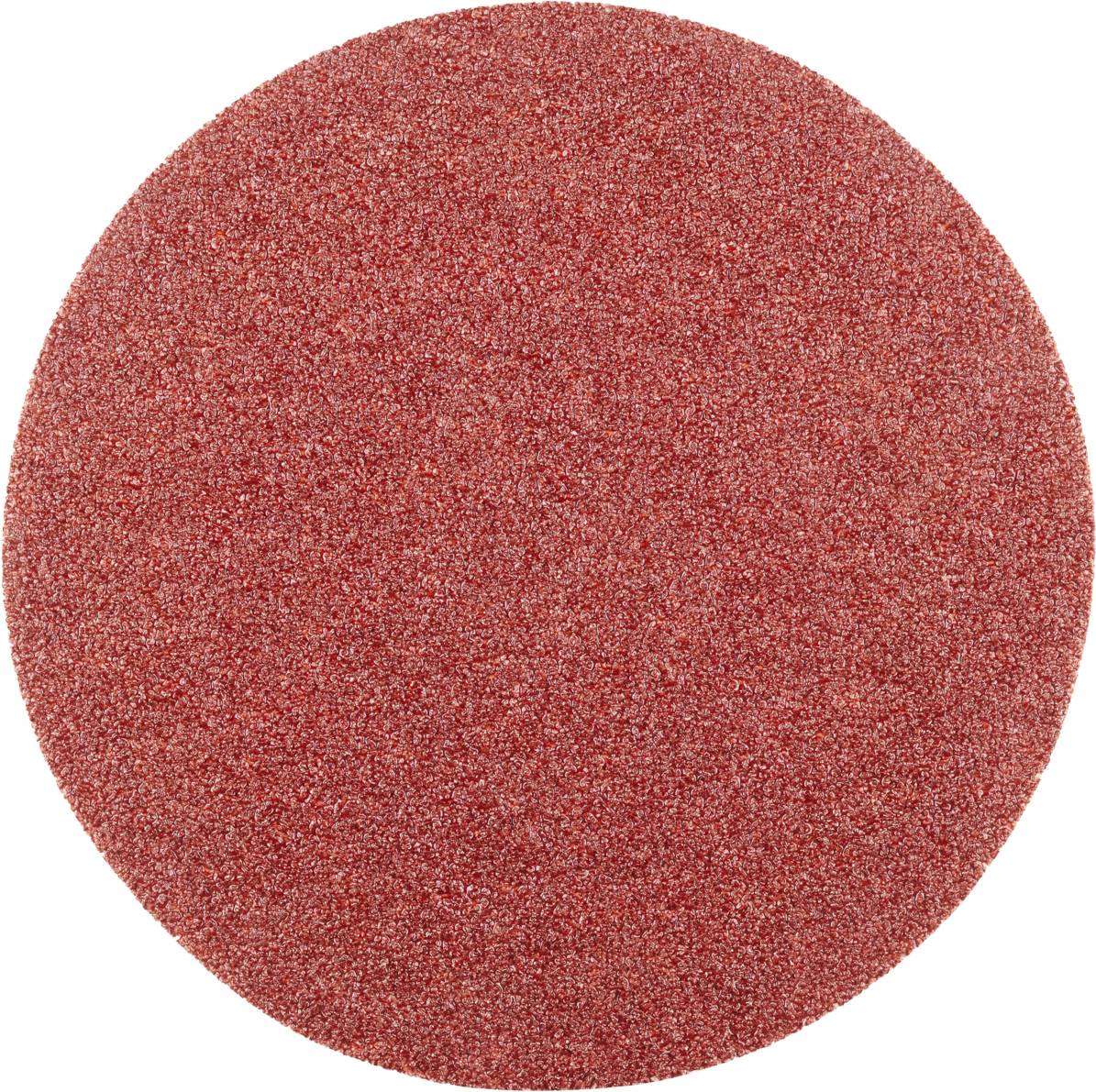 Runde, rote Schleifscheibe aus Schleifpapier, zur Oberflächenbearbeitung.