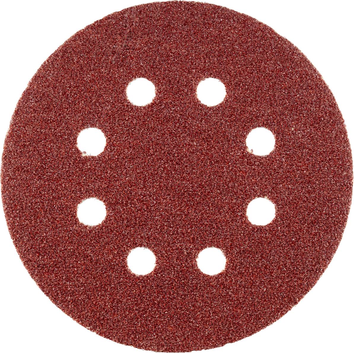 Ein roter Schleifscheibeaufsatz mit acht symmetrisch angeordneten Löchern, verwendet für Schleifarbeiten auf verschiedenen Oberflächen.