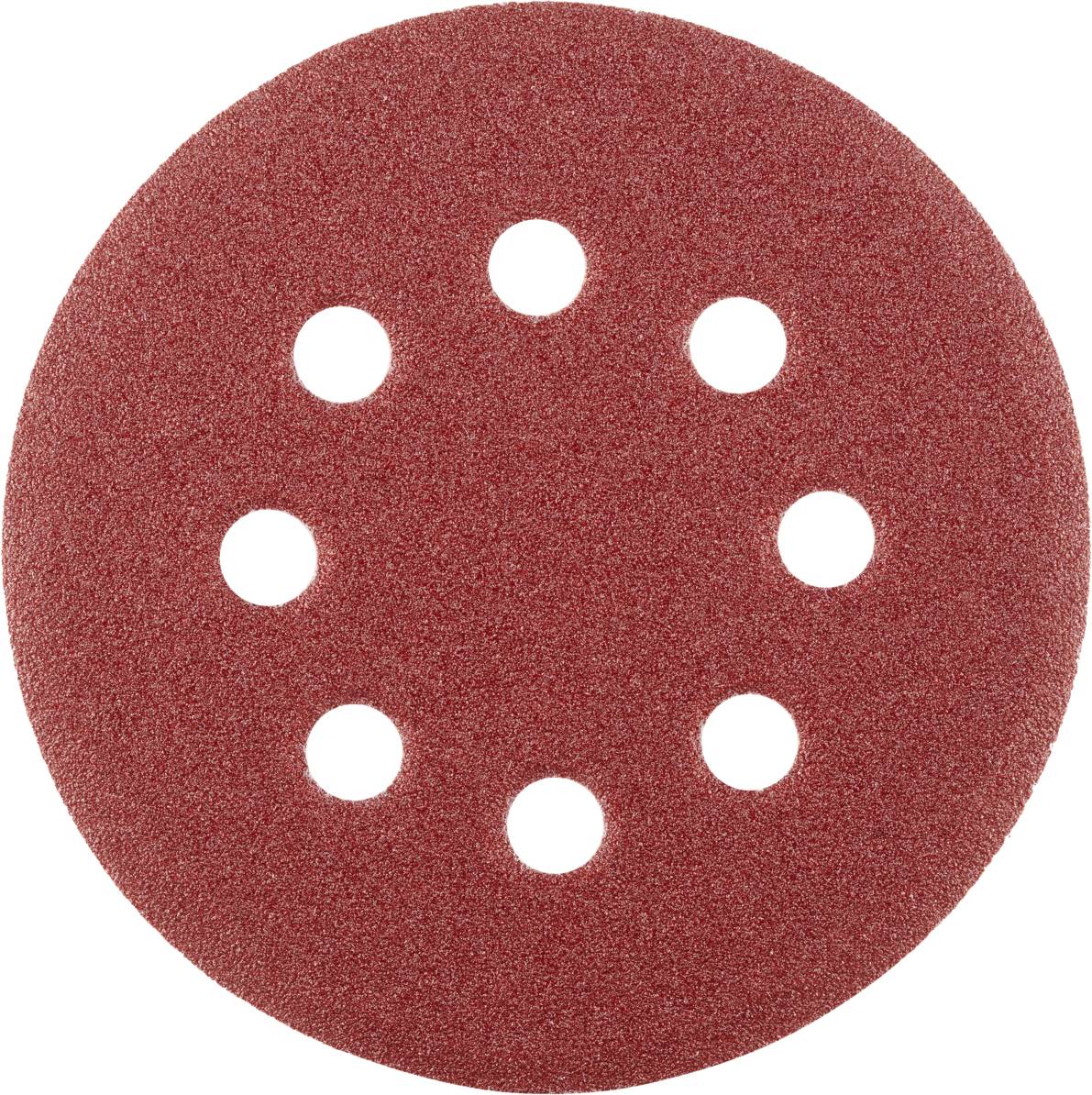 Runde Schleifscheibe mit roter Körnung und acht Löchern. Geeignet für Schleifgeräte zur Oberflächenbearbeitung.