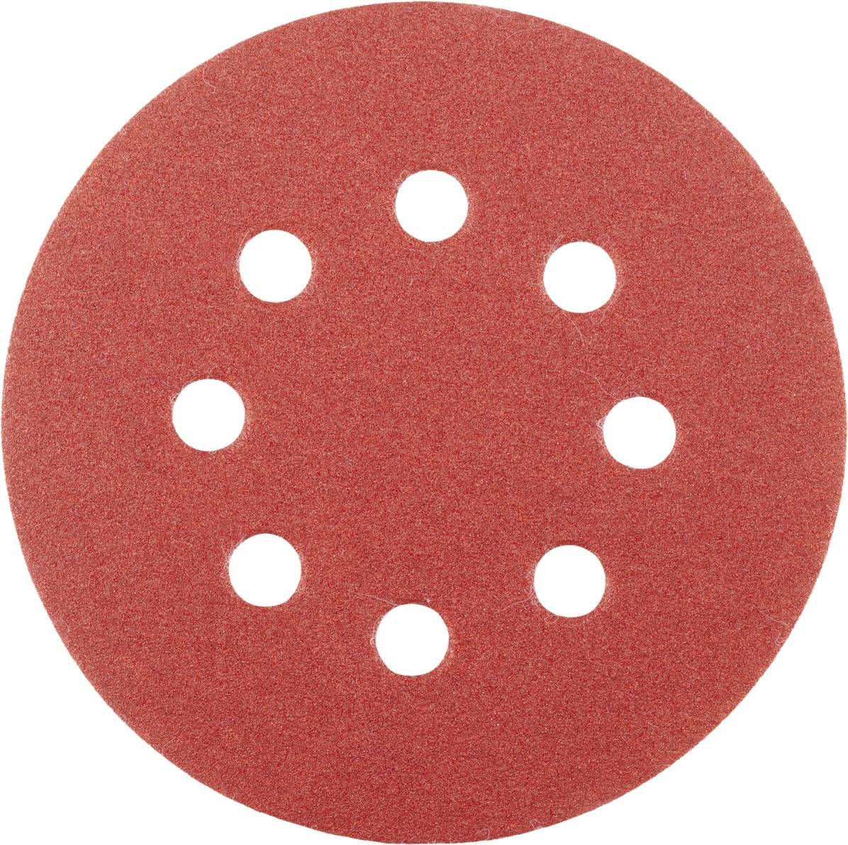Rotes Schleifpapier mit runder Form und acht Löchern symmetrisch angeordnet.
