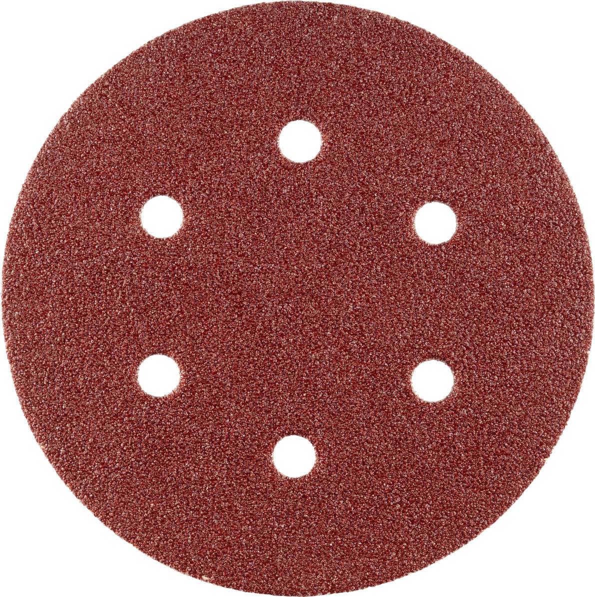 Rotes Schleifpapier in runder Form mit sechs symmetrisch angeordneten Löchern.